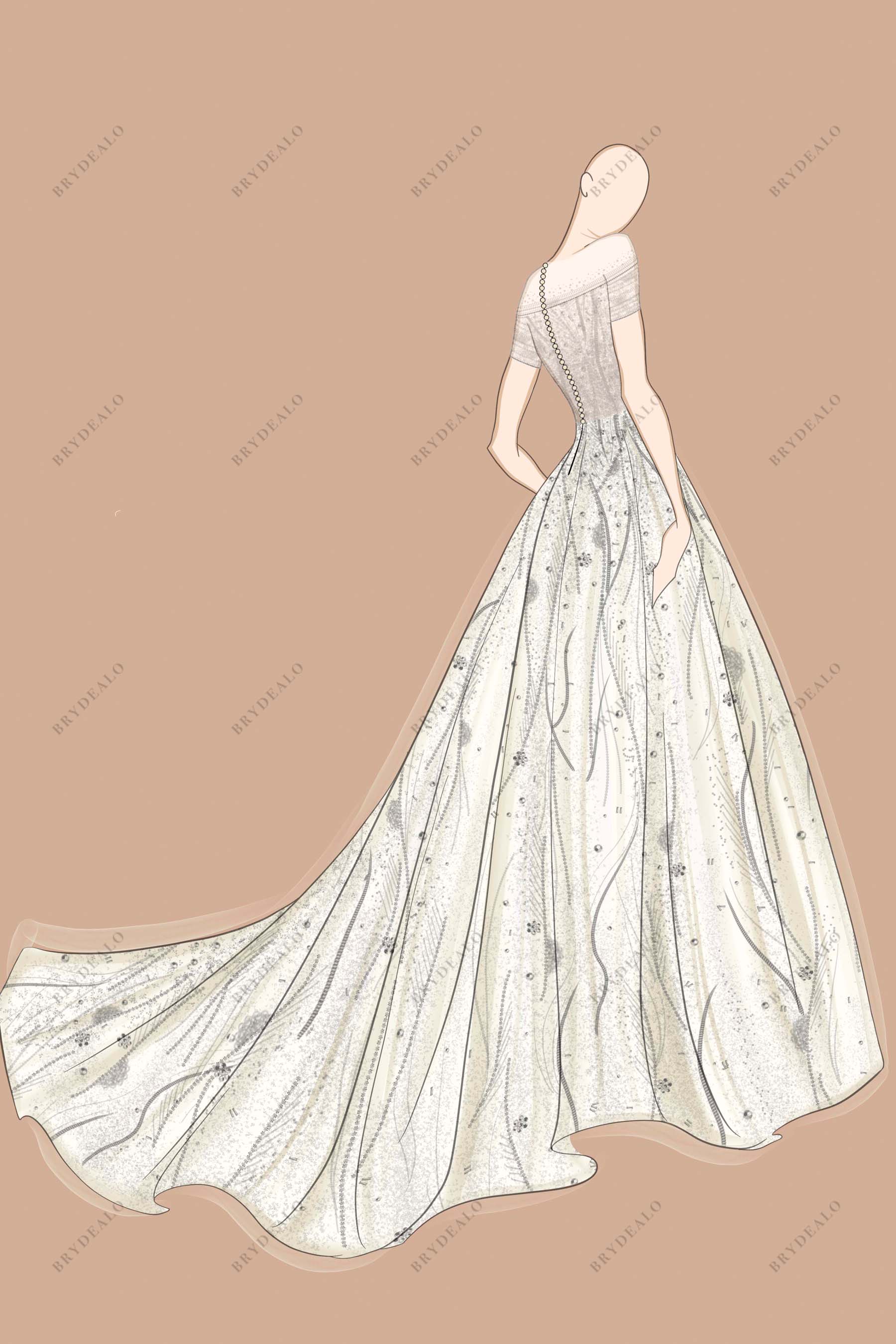 Illusion Back Floral Off Shoulder Bridal Ball Gown Sketch
