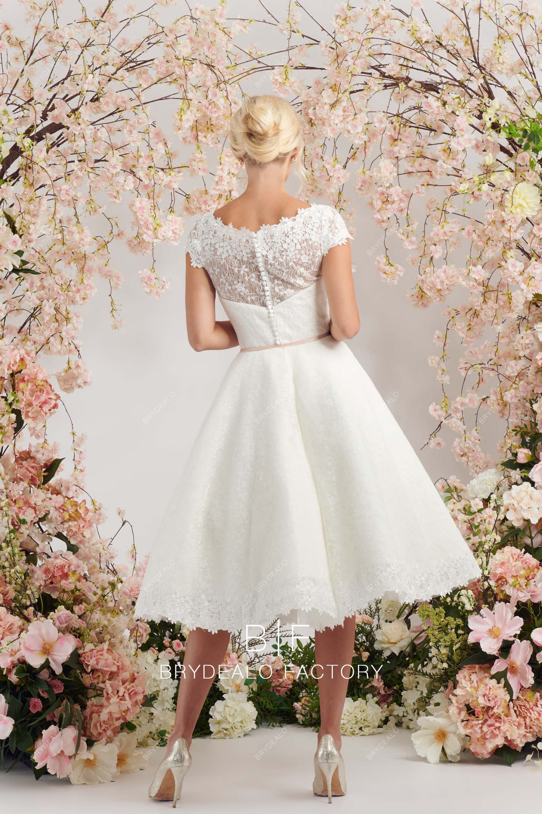 designer illusion back short modern bridal dress 