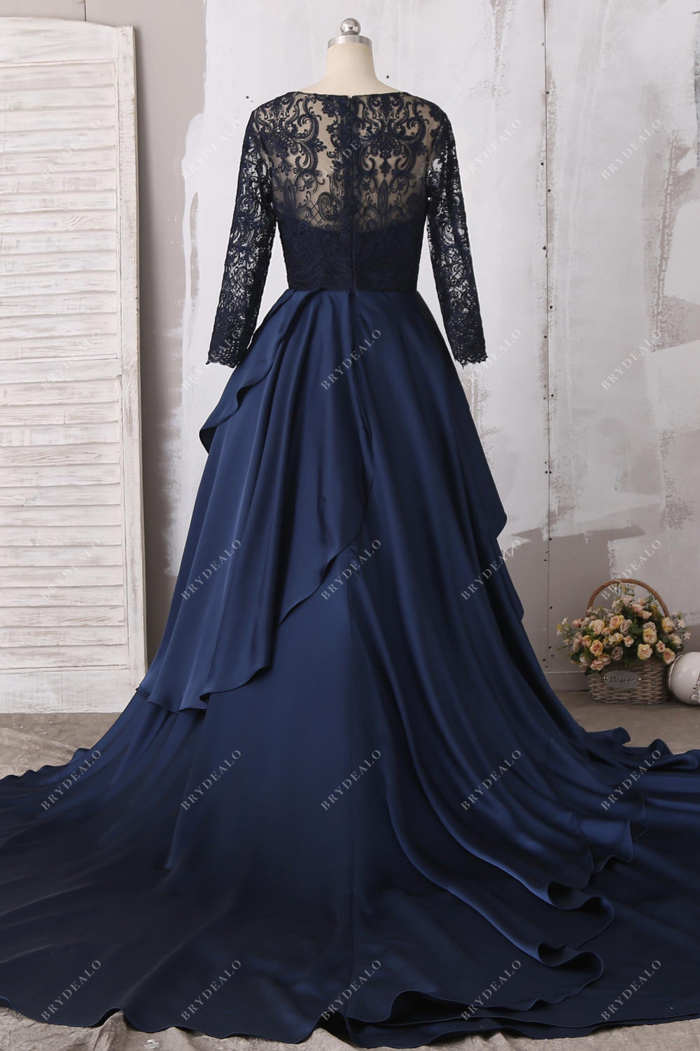 Illusion Satin Gown with Long Lace Sleeves Dusty Sage