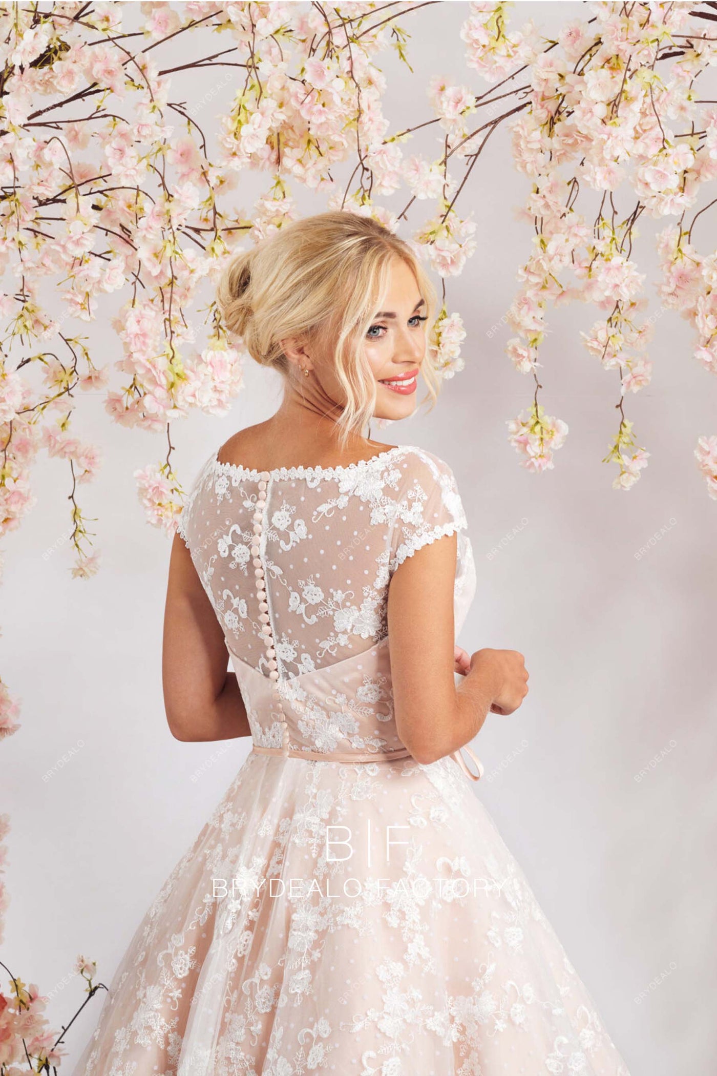 Tea-length Bateau Neck Satin Lace Sheath Dress Blushing Pink