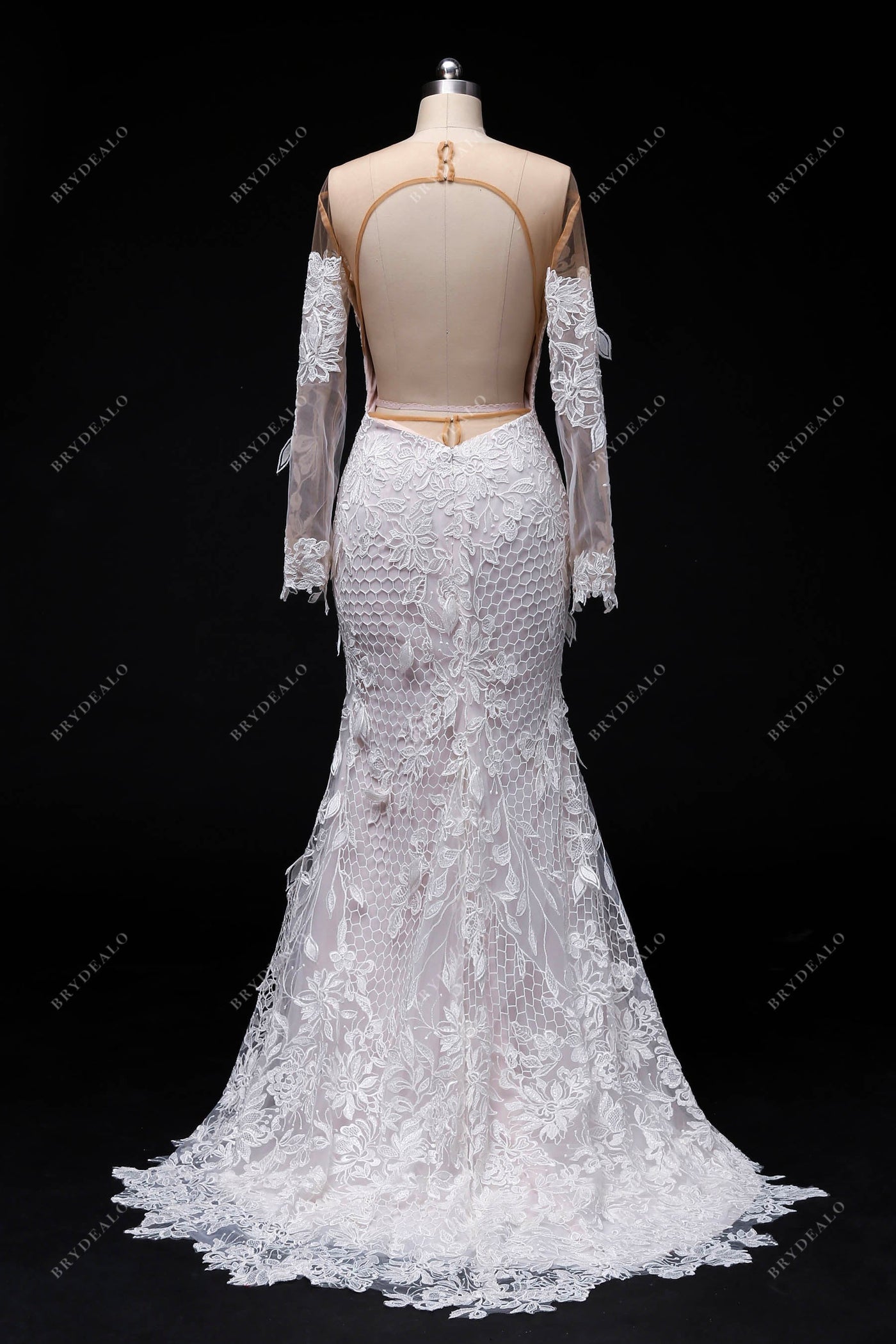 Designer Lace Illusion Off-shoulder Nude Pink Mermaid Wedding Dress