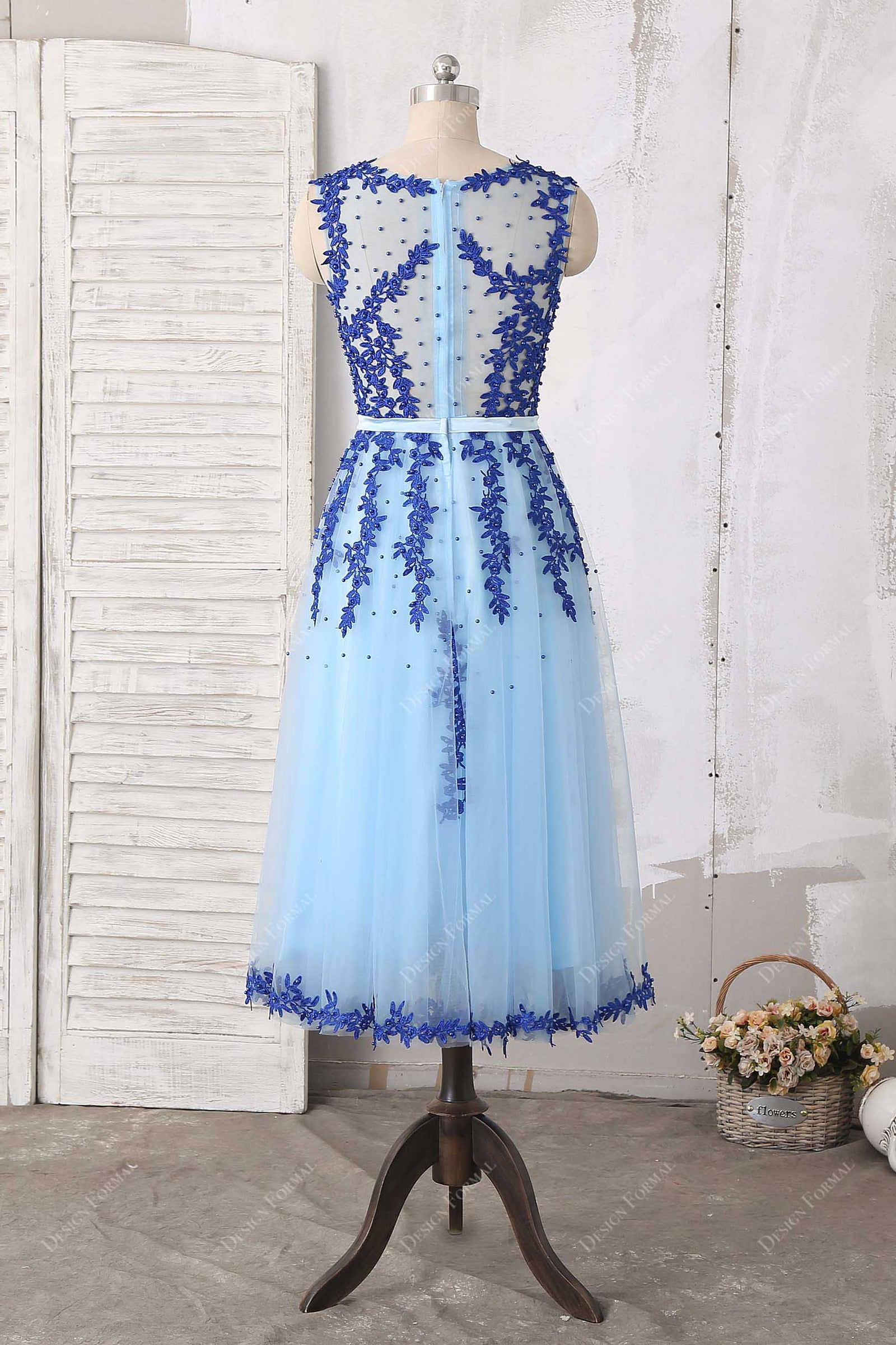 Blue Illusion Neck Lace Tea Length Tulle Cocktail Dress