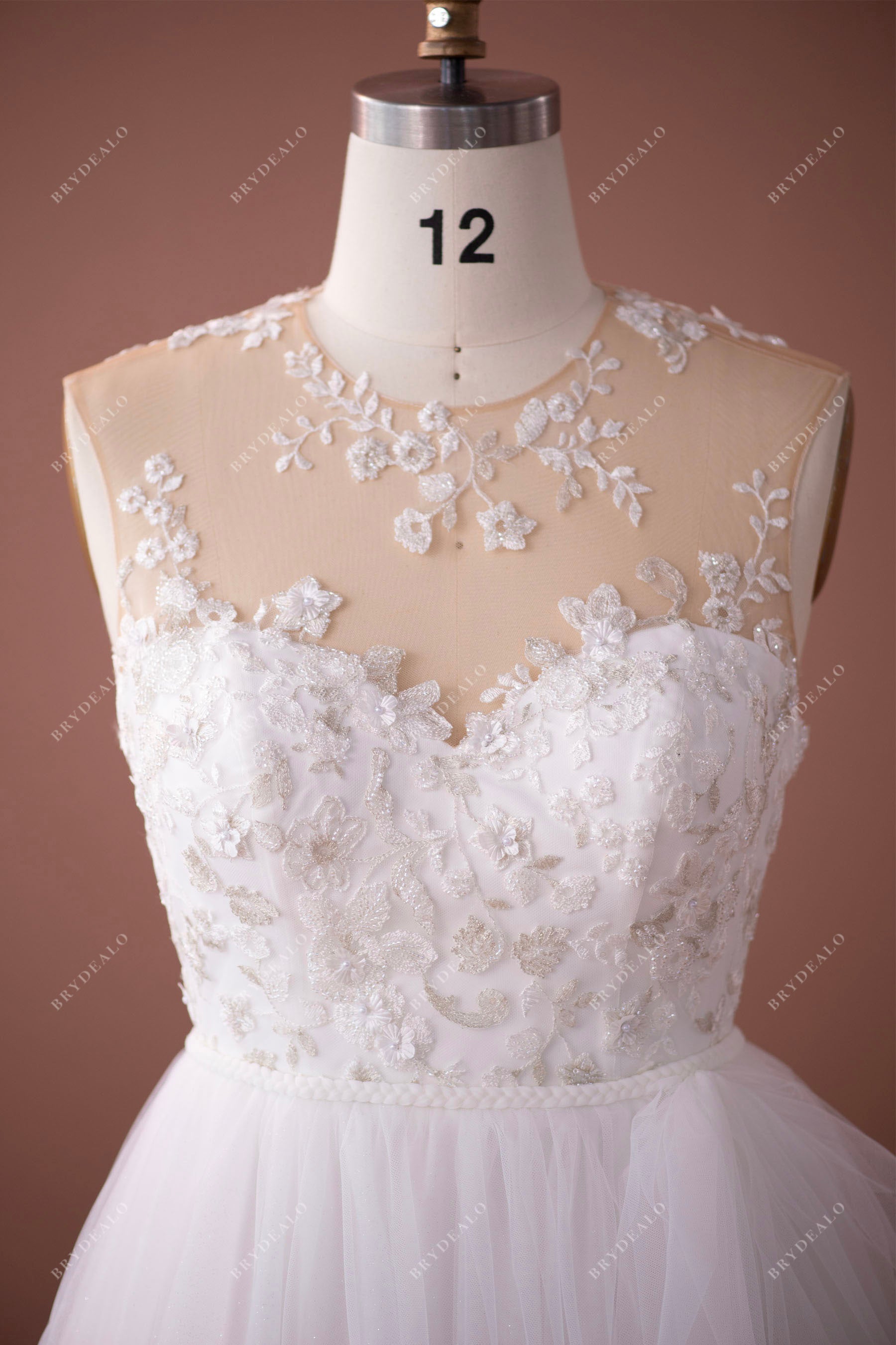 illusion beaded flower lace sleeveless gorgeous wedding dress