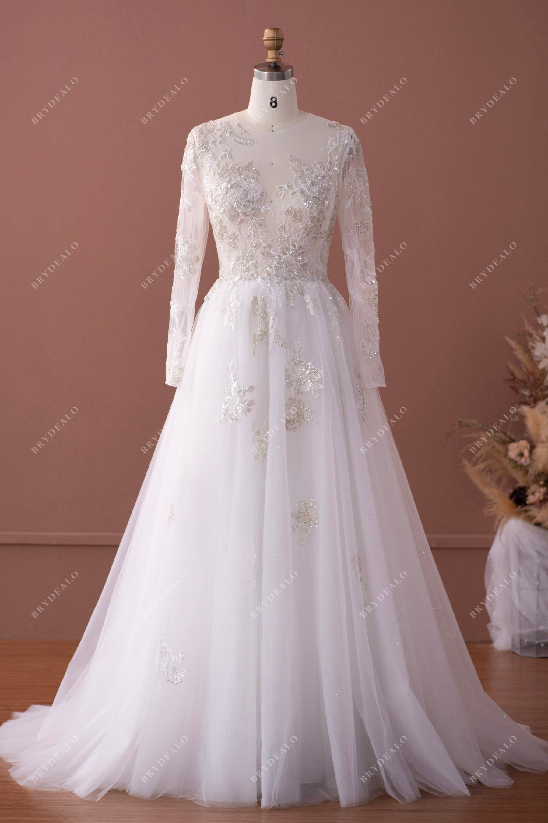 sheer long sleeves shimmery lace bridal gown