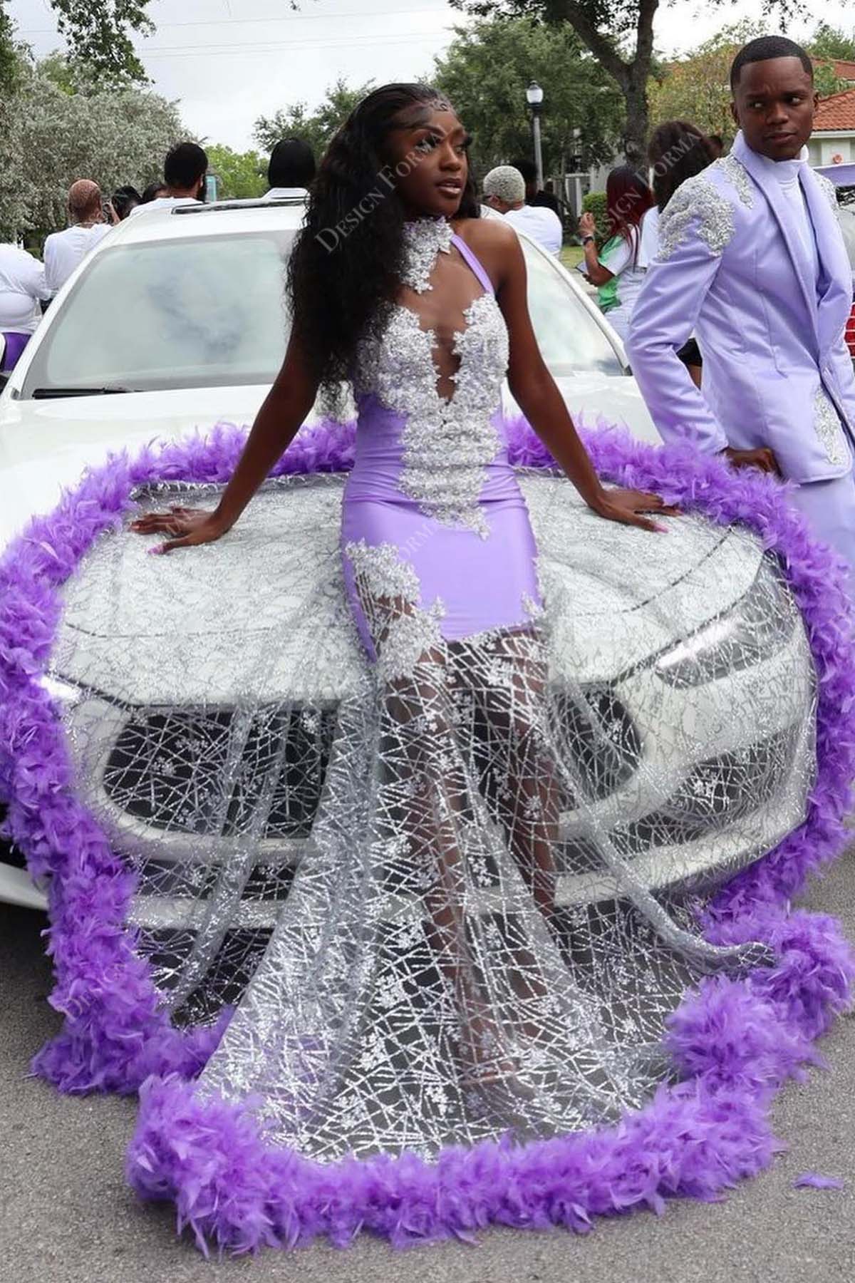 illusion beaded sequin violet feather mermaid prom dress