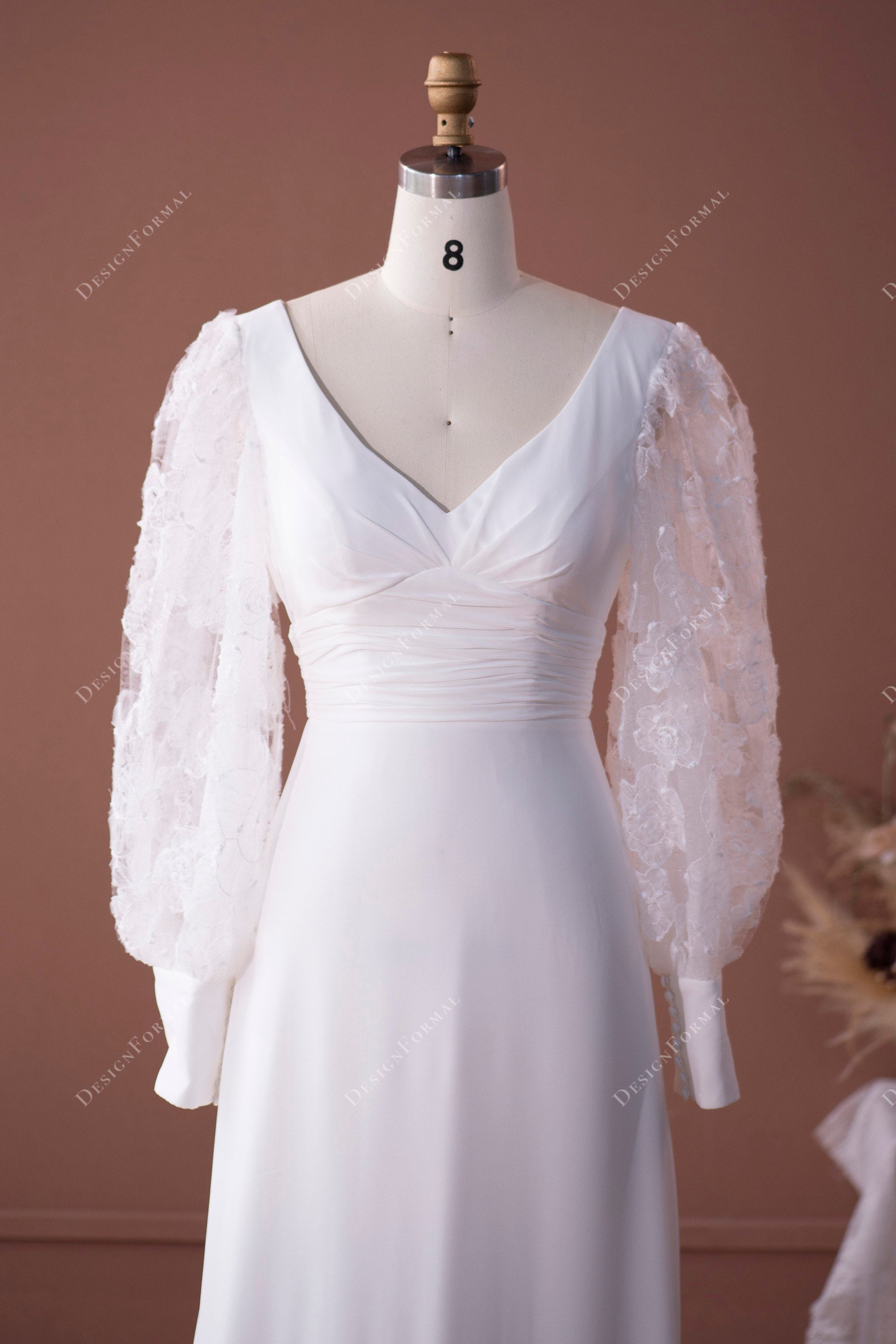 V -neck Ruched Empire Waist chiffon wedding dress