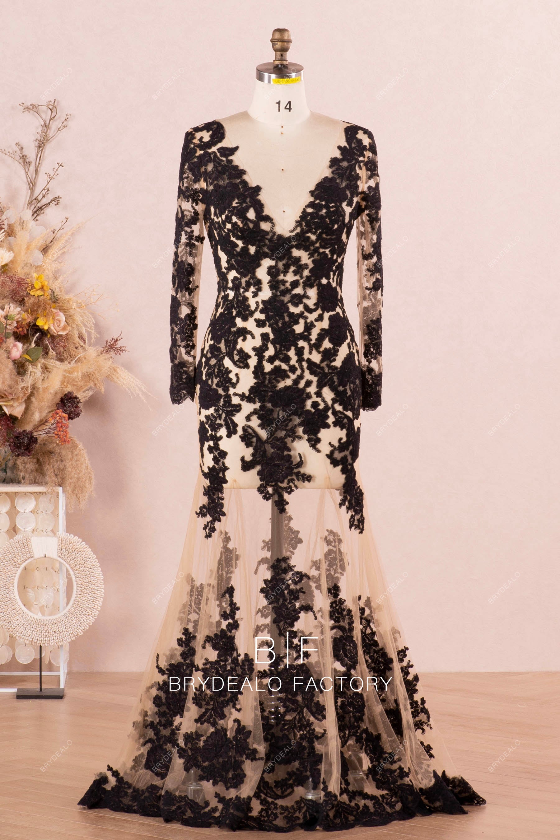Black Lace Long Sleeves Illusion Mermaid Wedding Gown