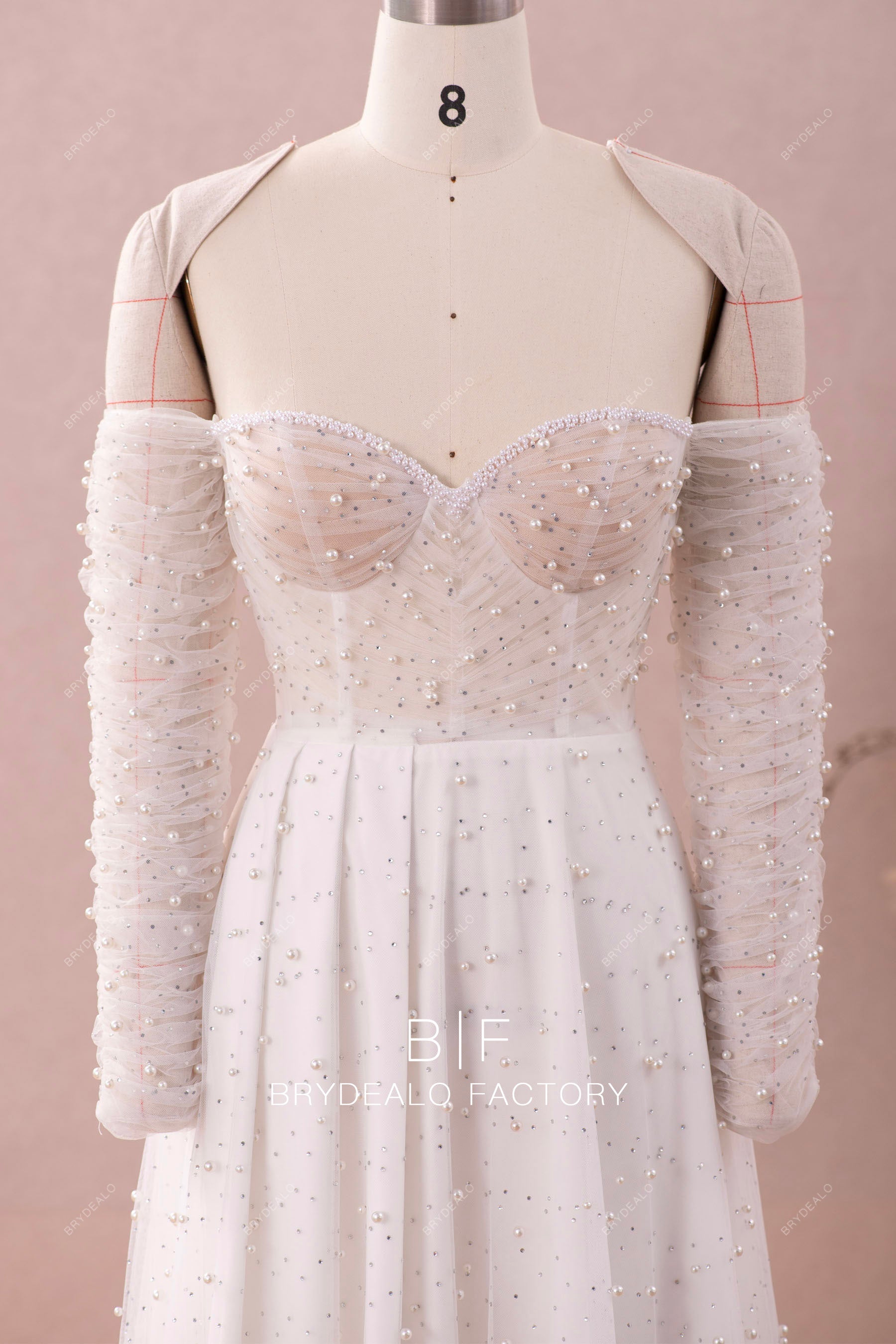 sweetheart neck illusion bodice elegant pearls wedding dress