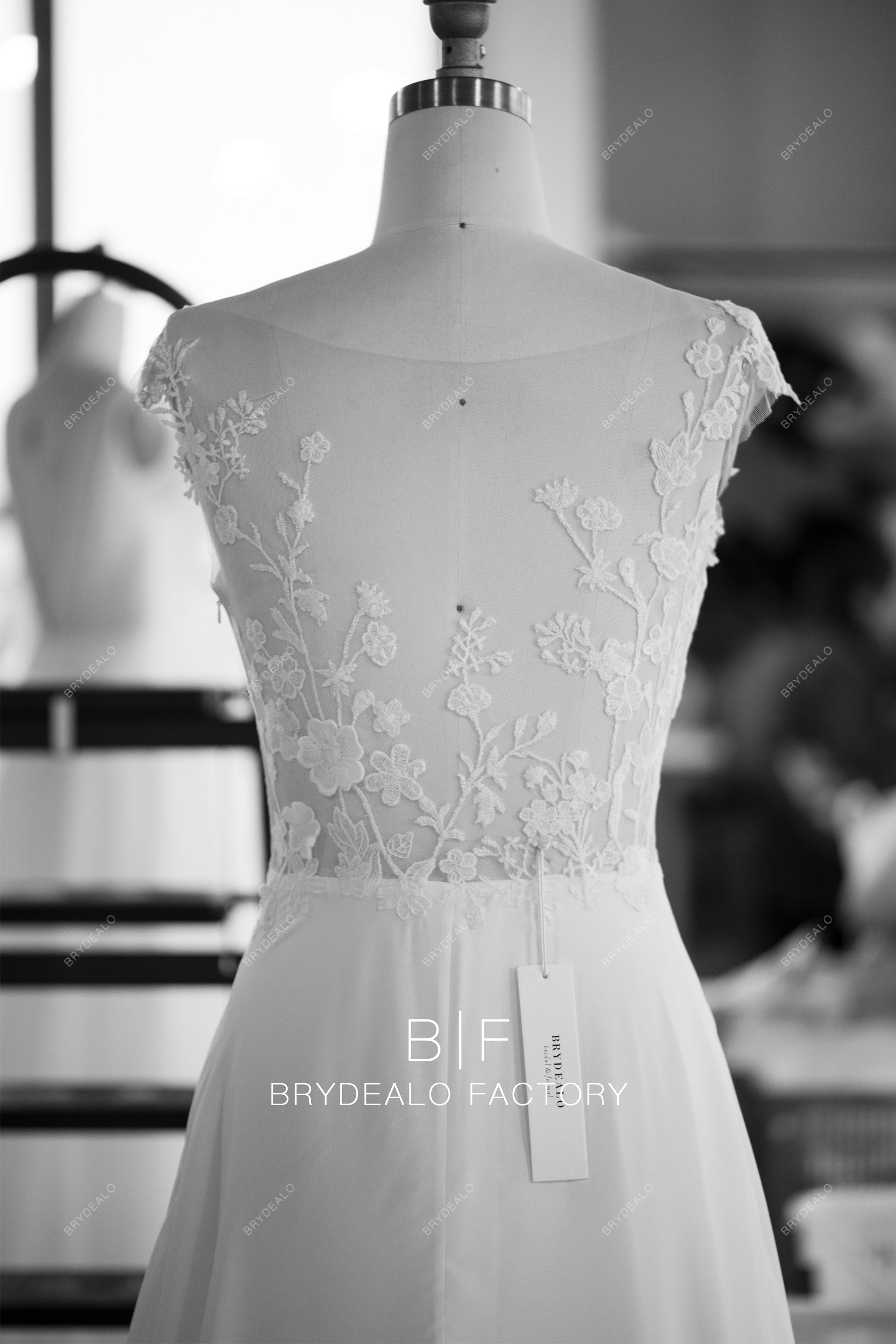 designer illusion botanic lace back beach wedding dress