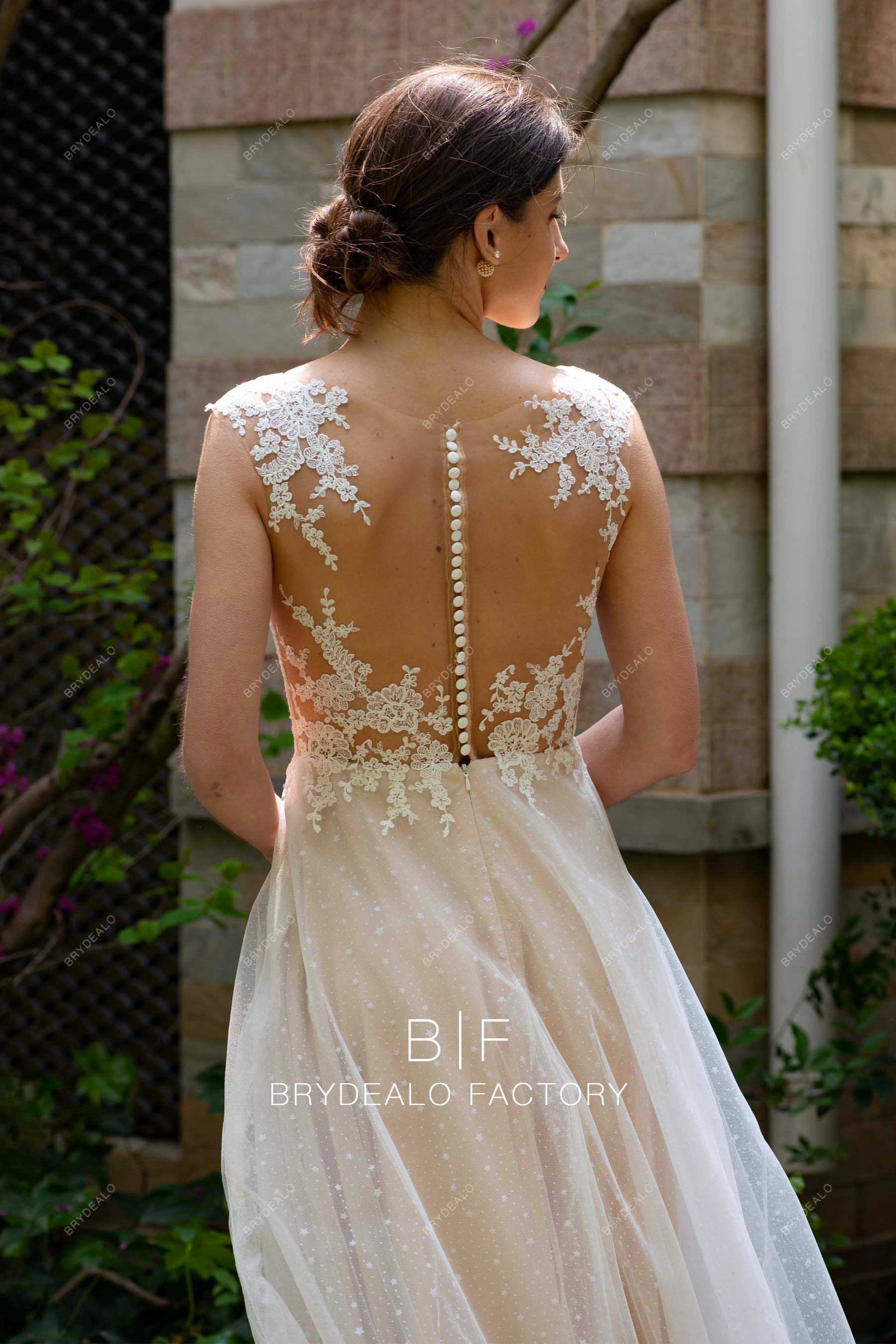 illusion buttoned back lace spring wedding dress