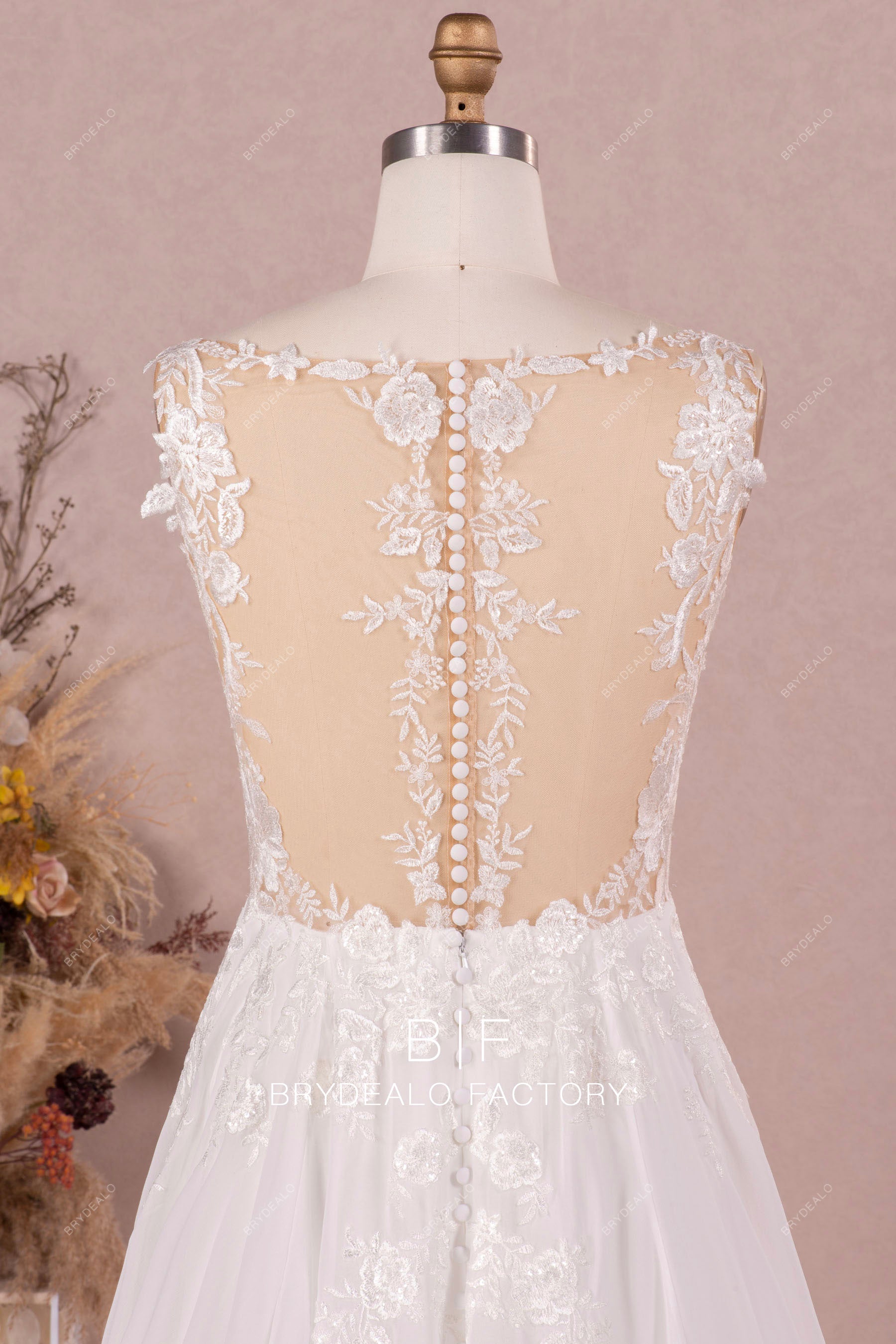 illusion buttoned back lace country wedding dress