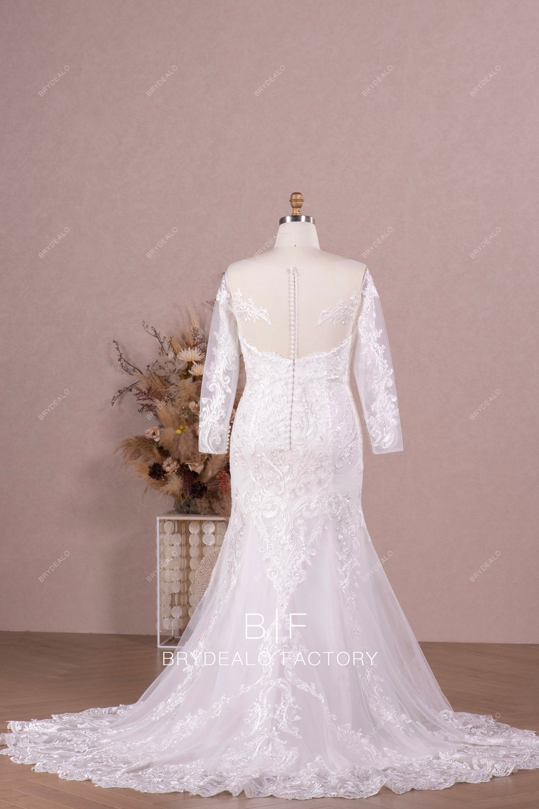 illusion buttoned back mermaid white wedding gown