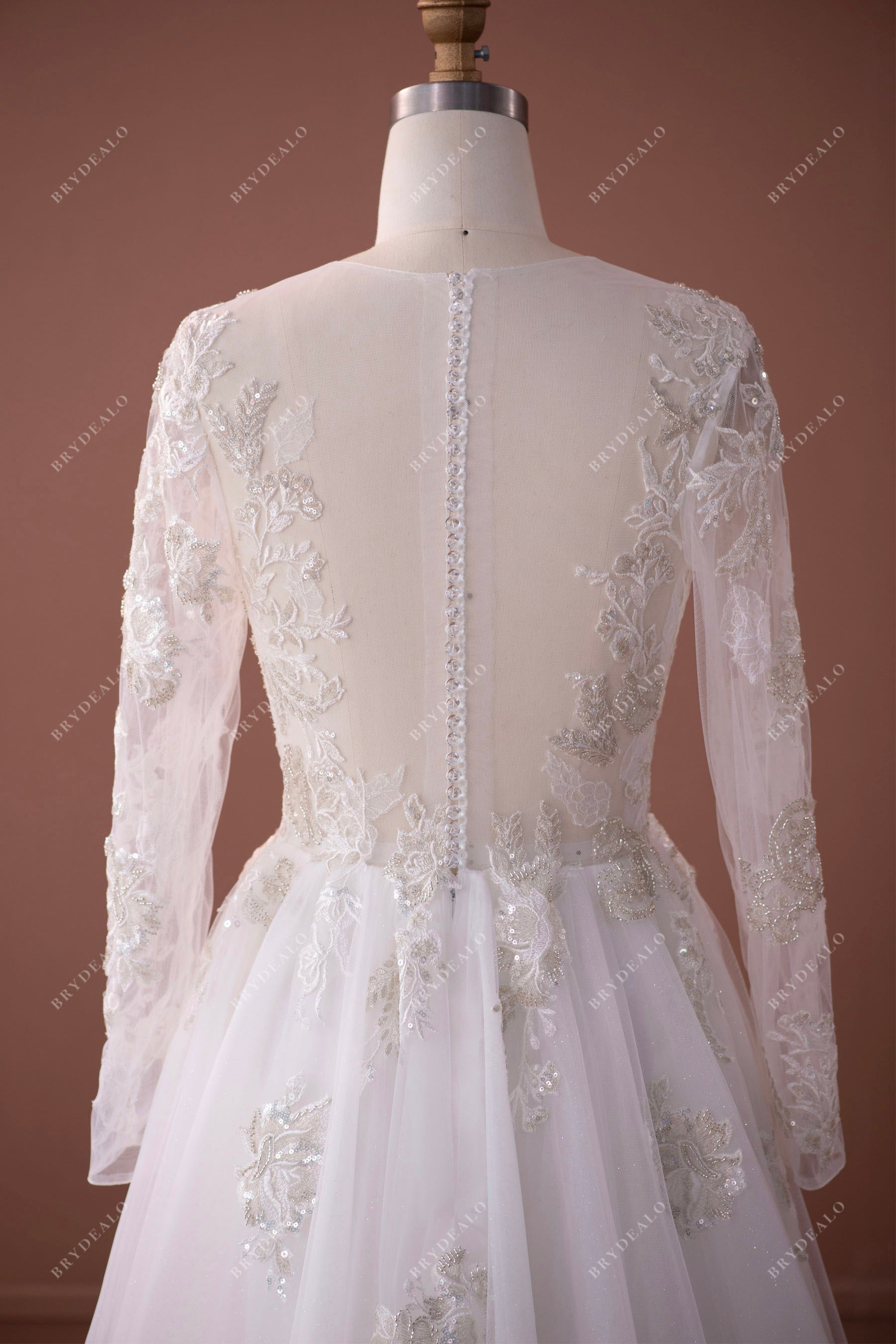 illusion buttoned crystals back wedding dress