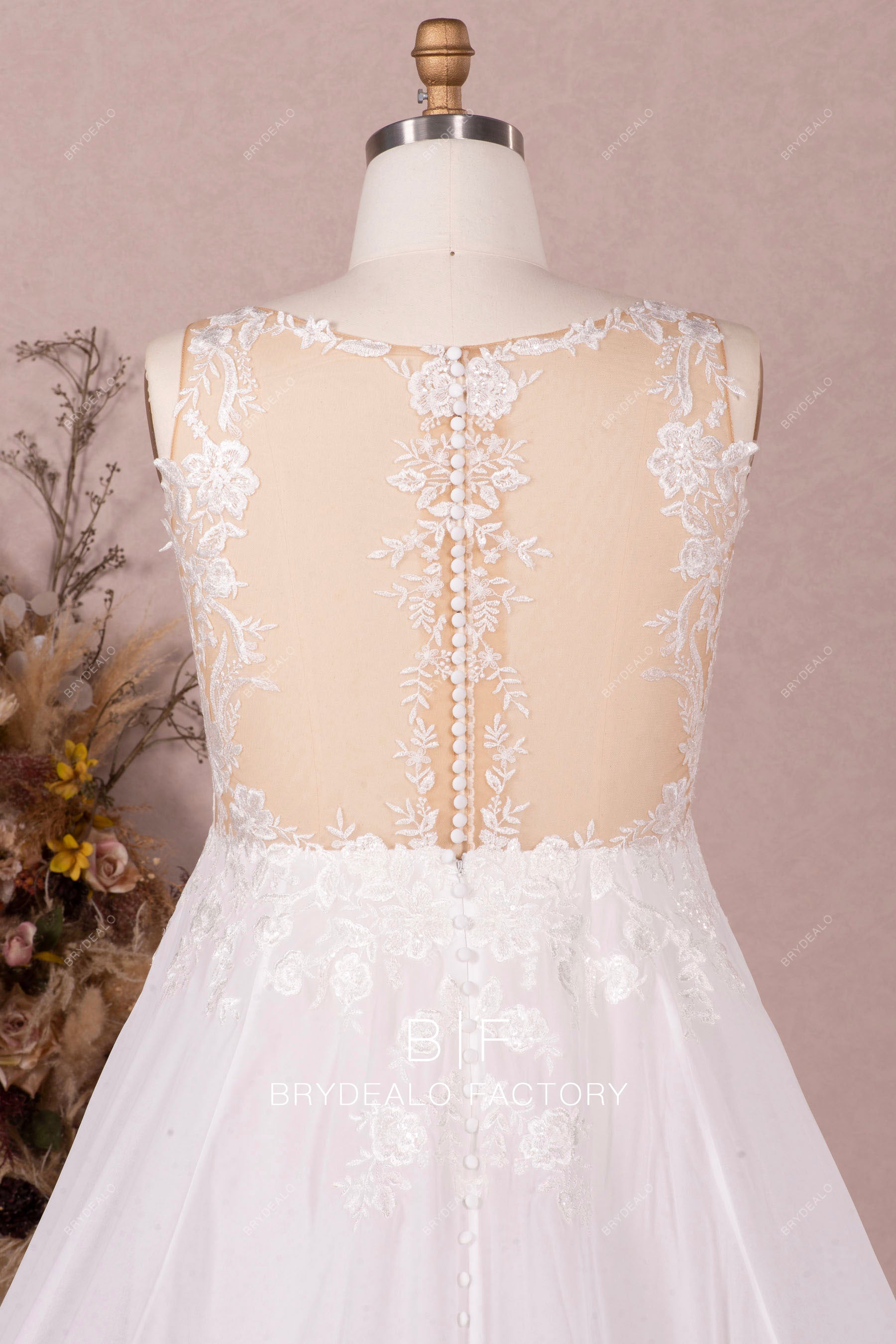 illusion buttoned lace back sleeveless elegant wedding dress