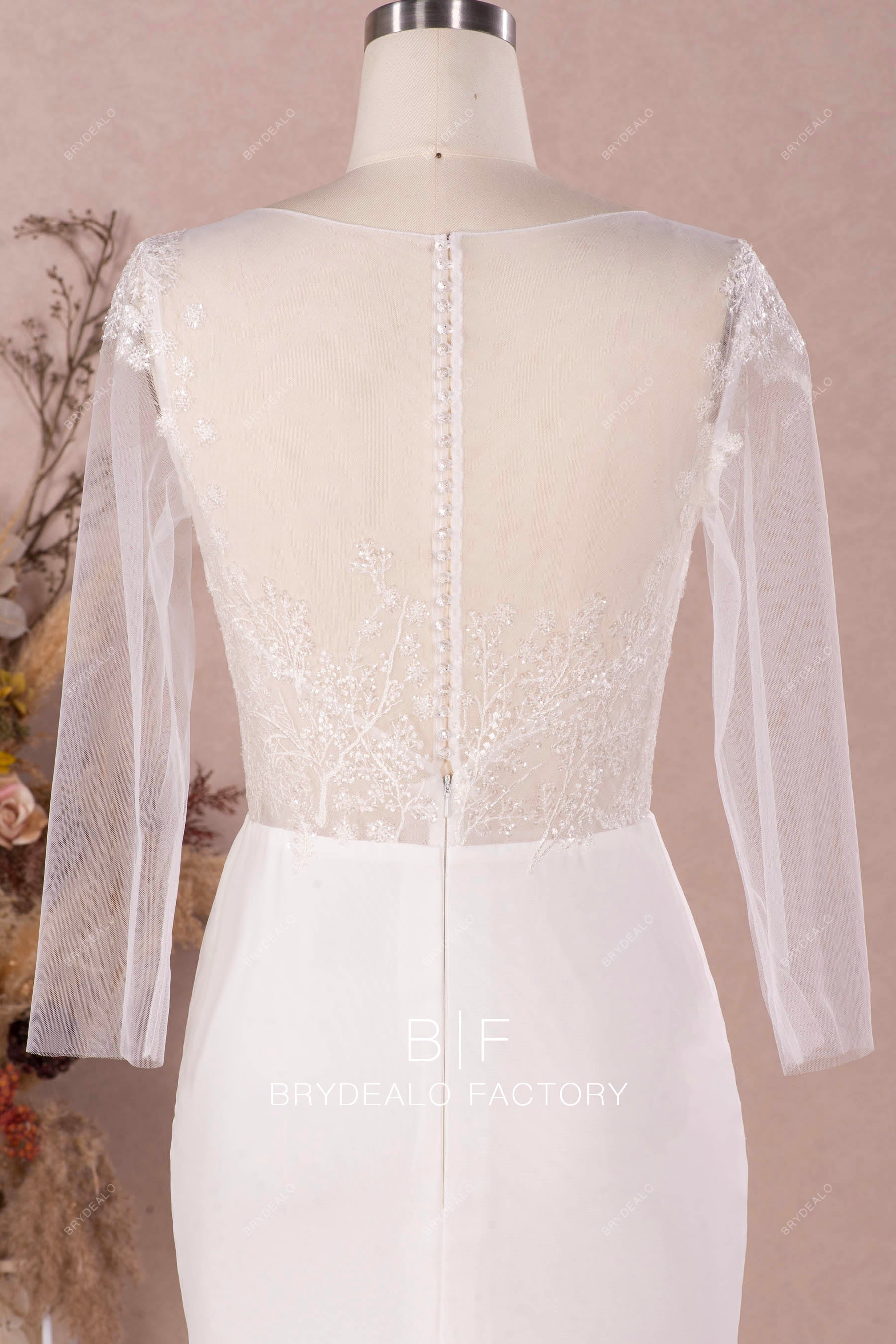 crystal button back sexy sleeves wedding dress