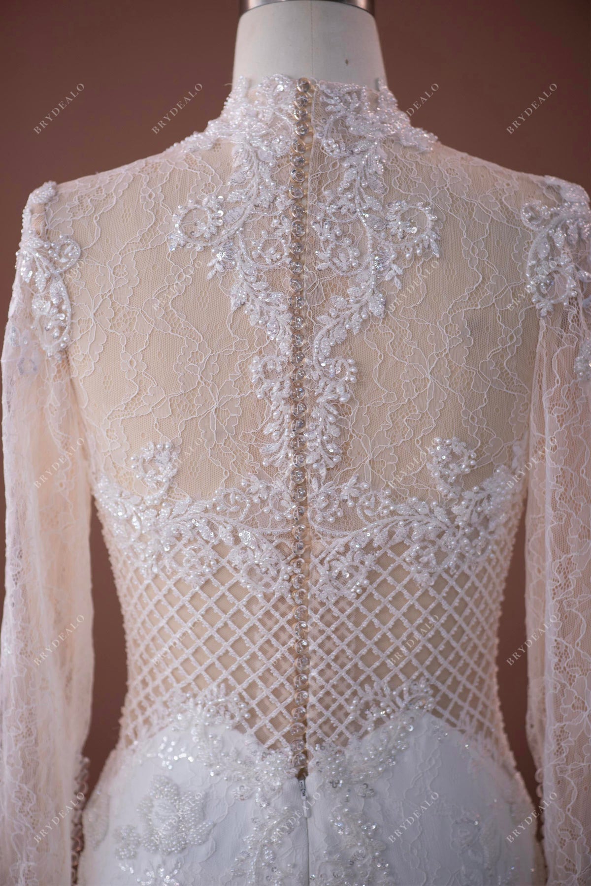 Luxury Lace Beaded Flower Illusion Neck Long Bridal Ball Gown main image 0