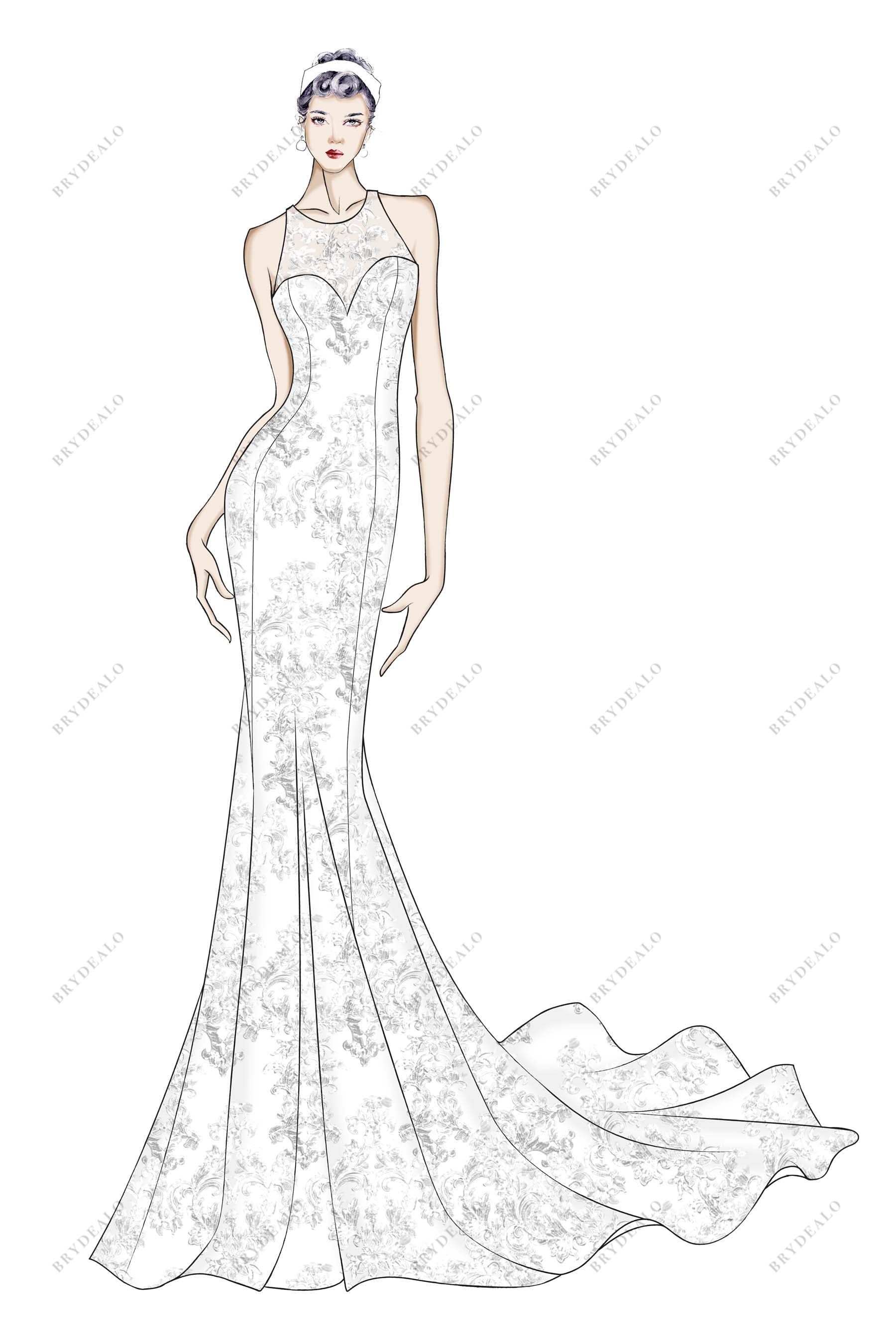 Illusion Jewel Neck Custom Lace Mermaid Bridal Dress Sketch