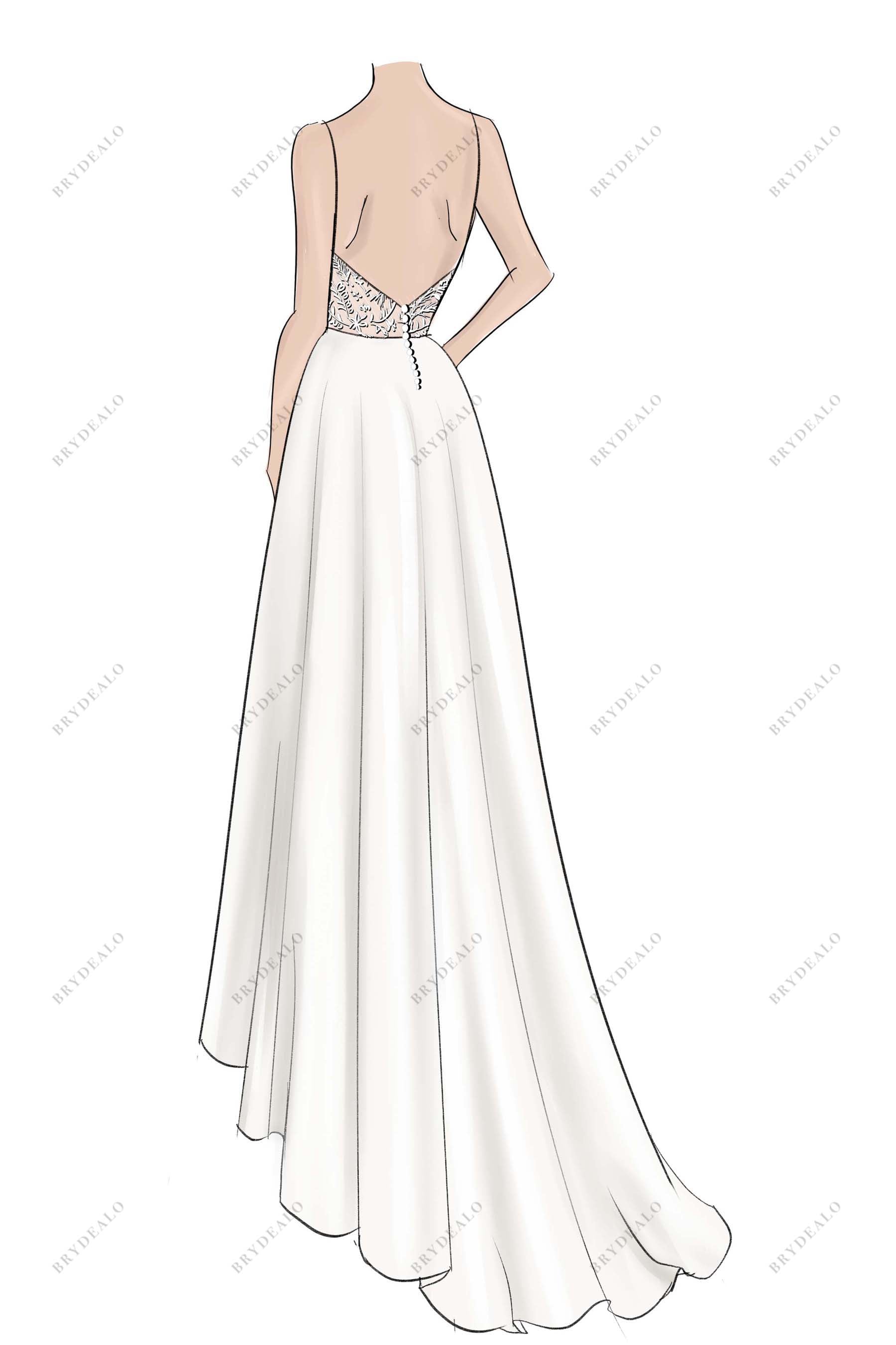 illusion lace V-back custom A-line bridal dress sketch