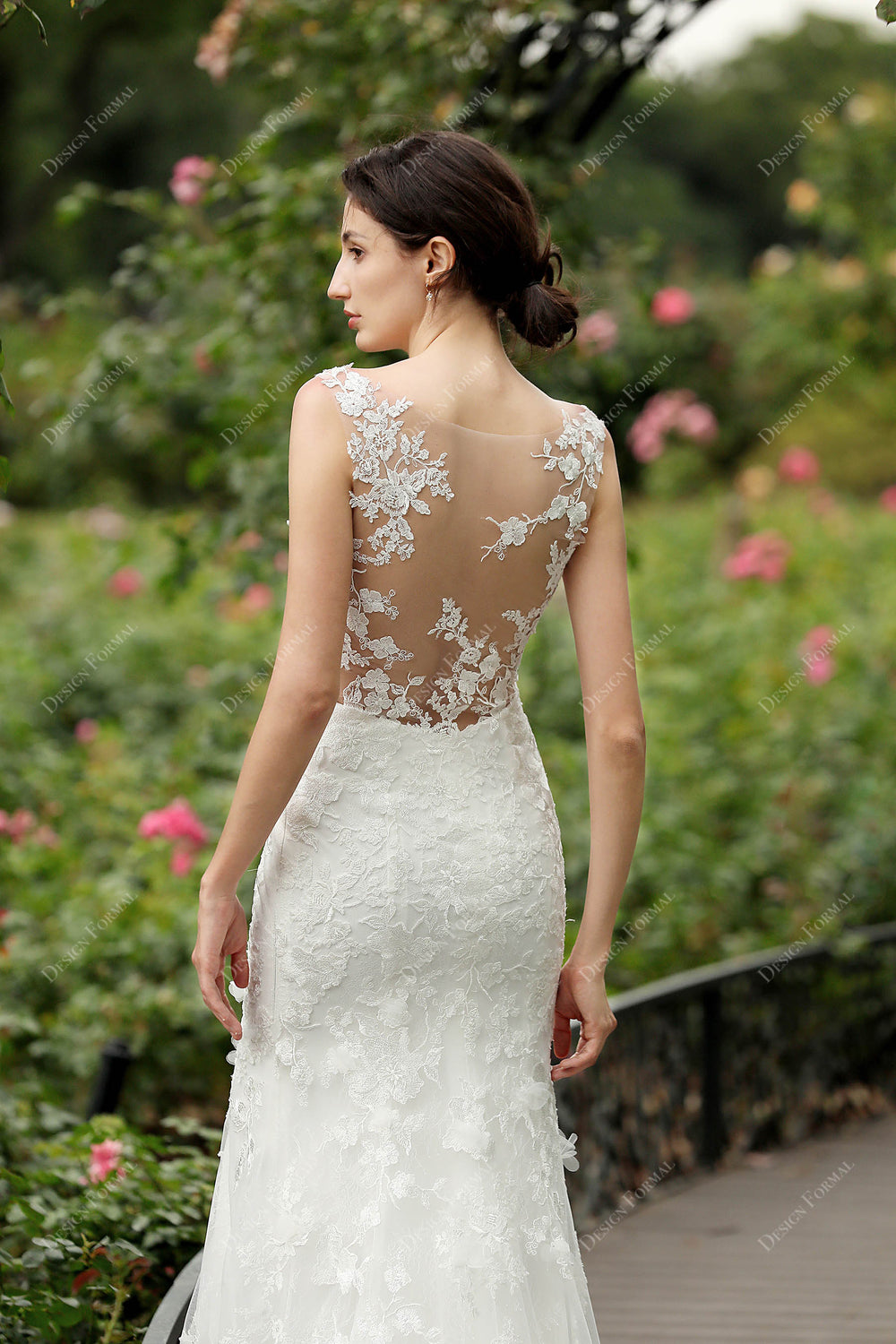 Illusion Lace Back Sleeveless Elegant Satin Mermaid Wedding Dress