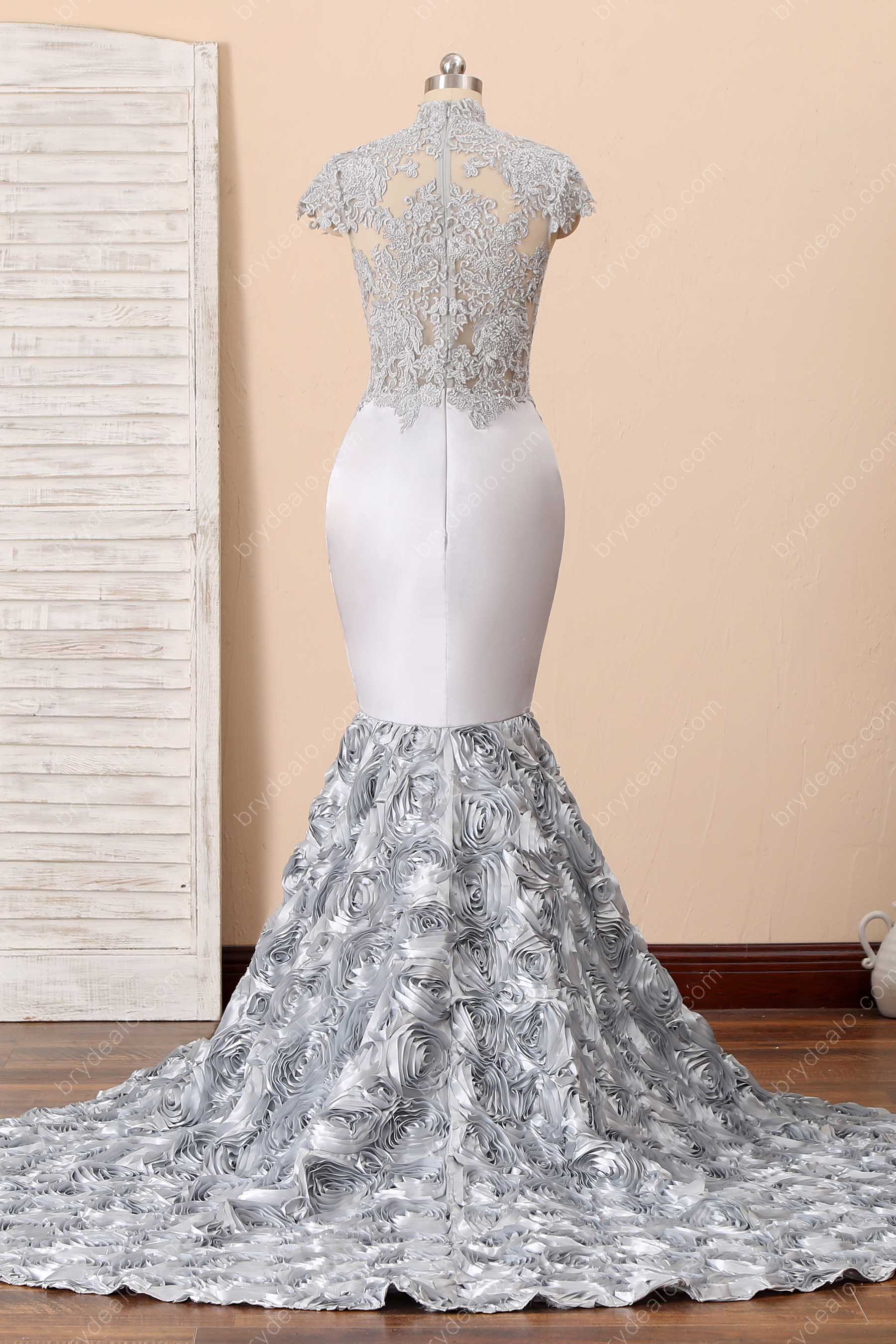 illusion lace back trumpet prom dress