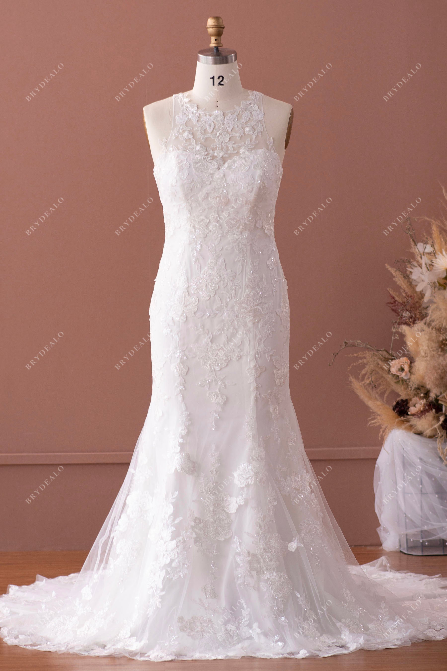 Illusion Halter Neck Sequin Lace Mermaid Wedding Dress