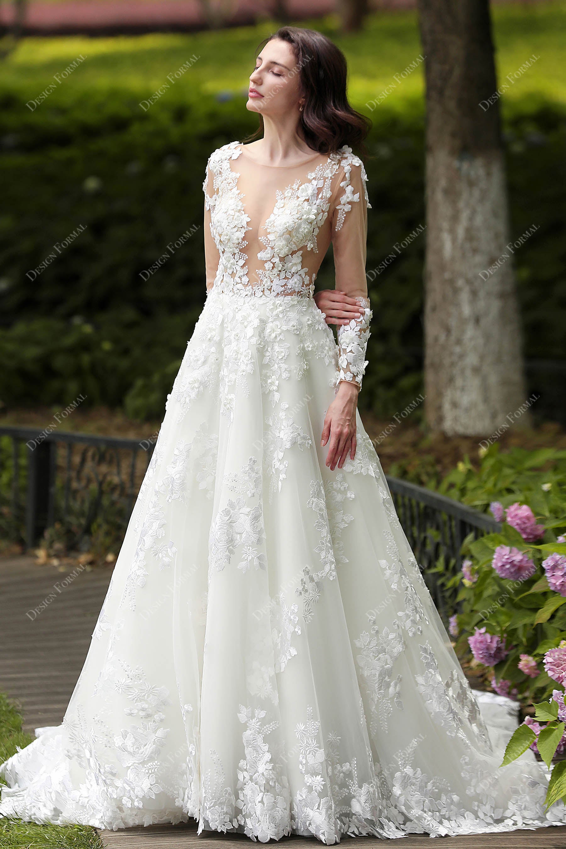 Illusion Long Sleeve Flower Wedding Dress