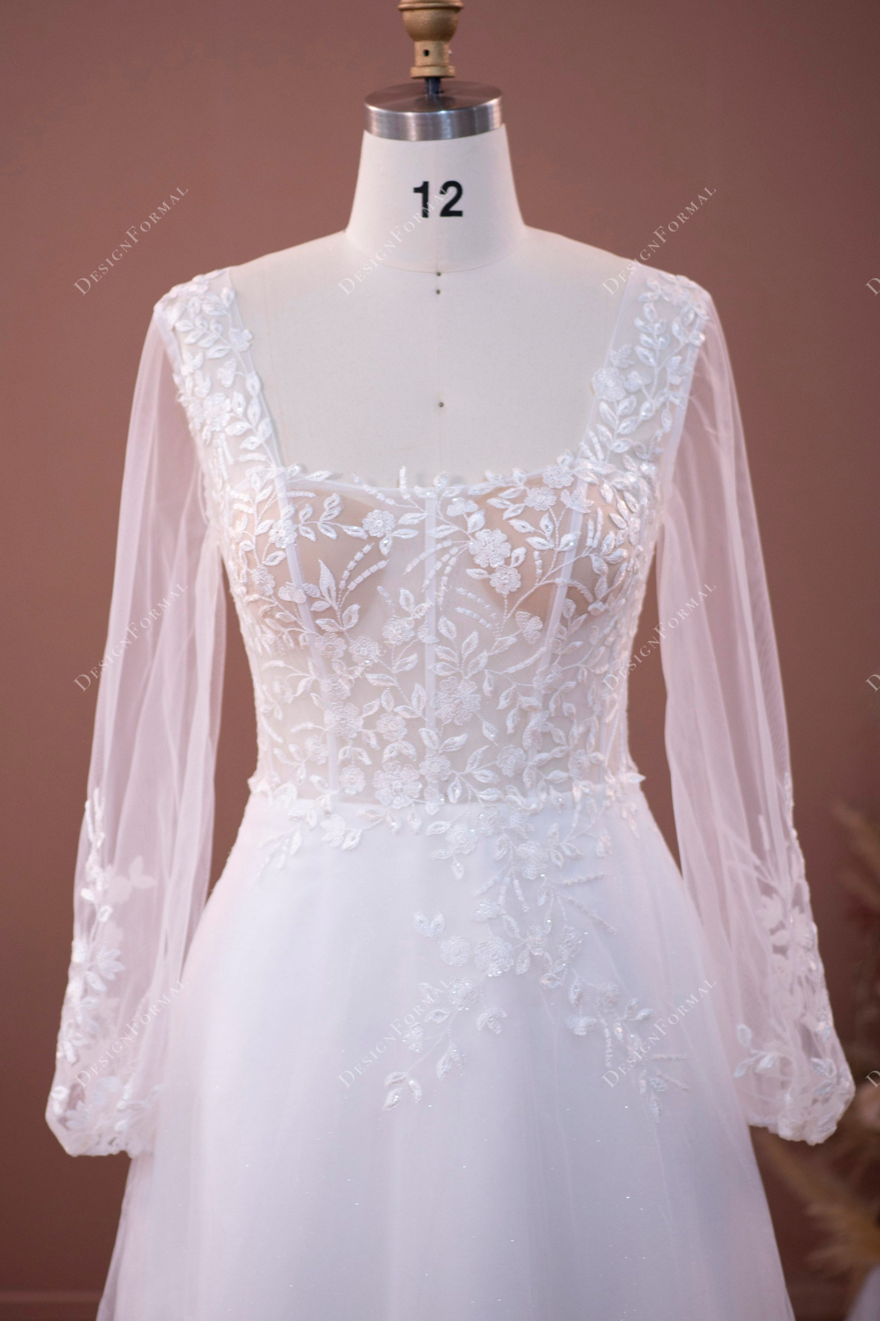 illusion long sleeves square neck lace bridal dress