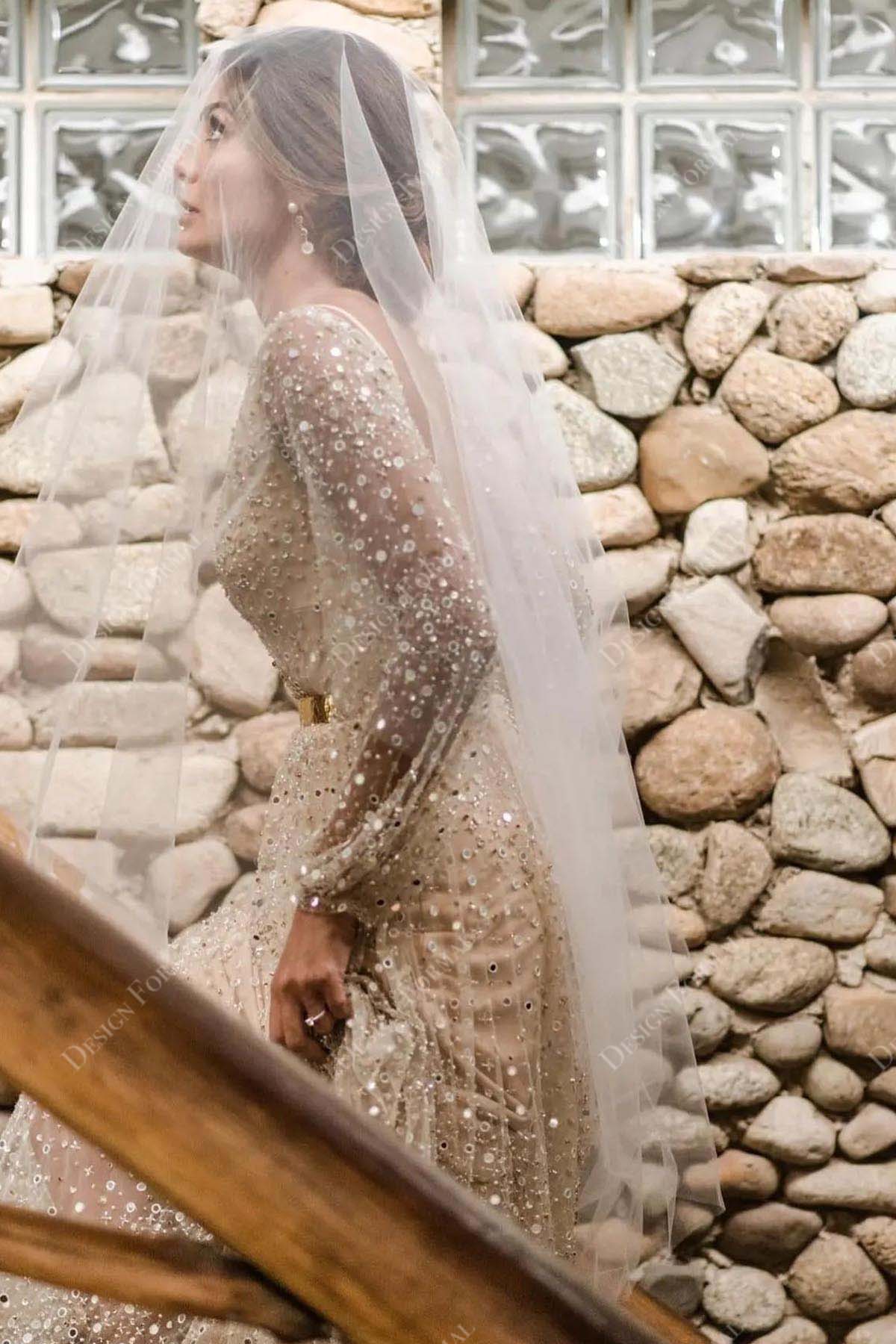 shiny sequined illusion long sleeves bridal gown