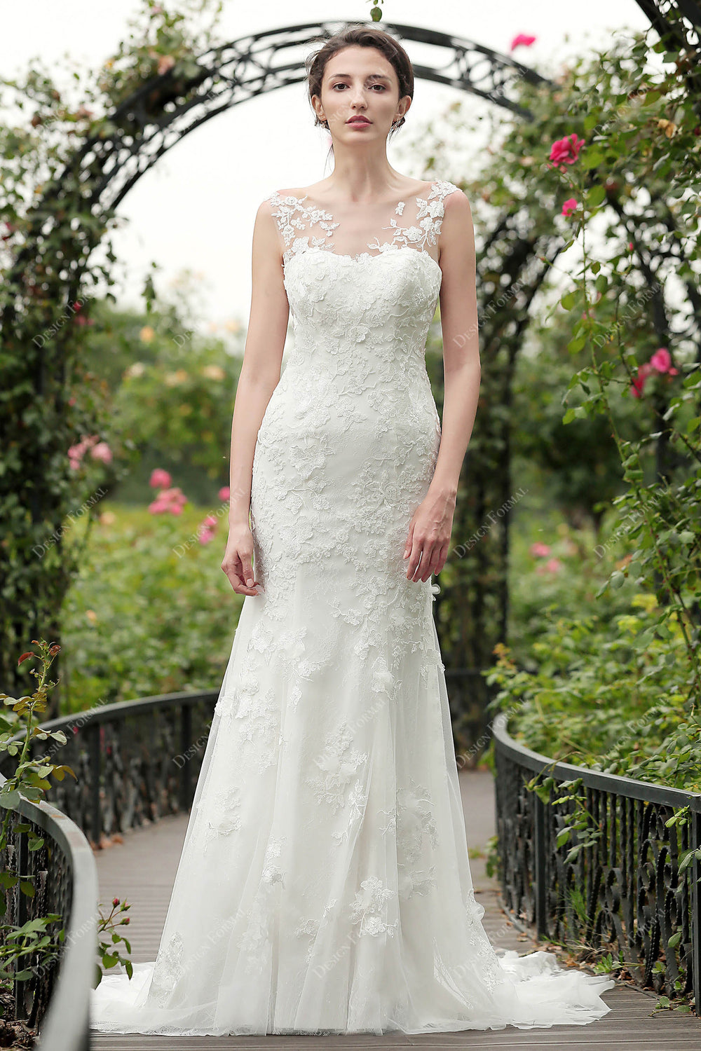 Illusion High Neck Chiffon Bridesmaid Gown Flamingo