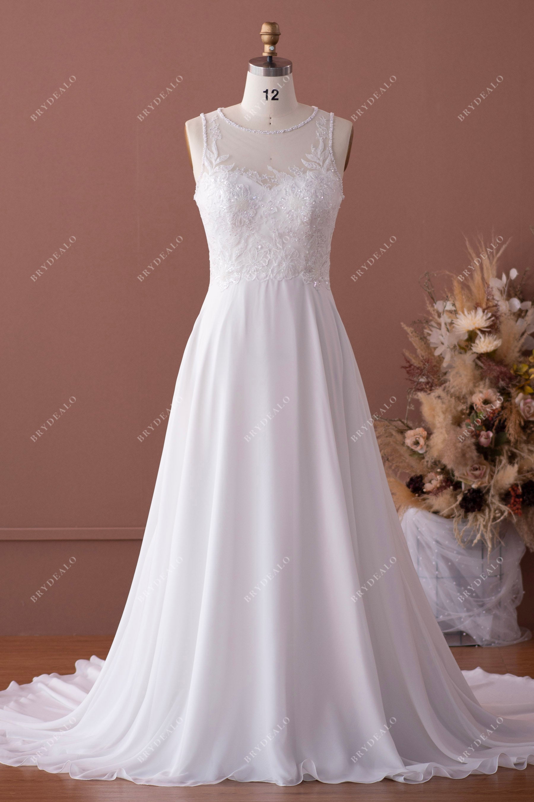 illusion neck beaded lace chiffon wedding dress