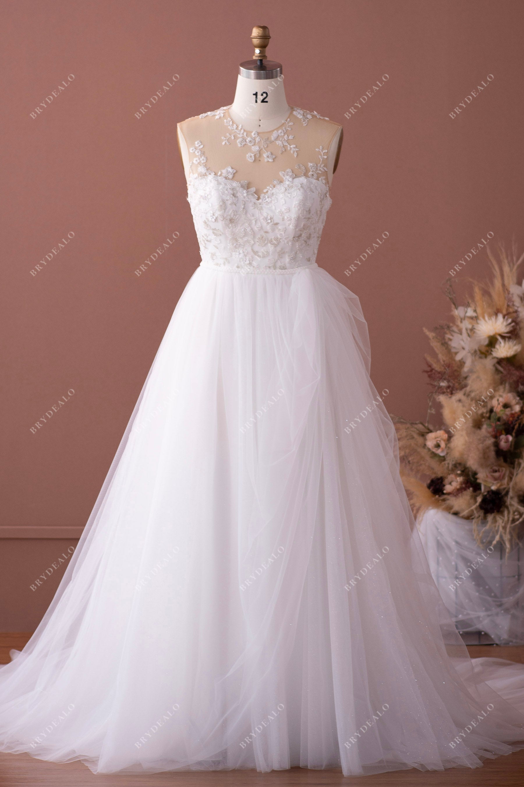 illusion neck romantic beaded lace shimmery wedding dress