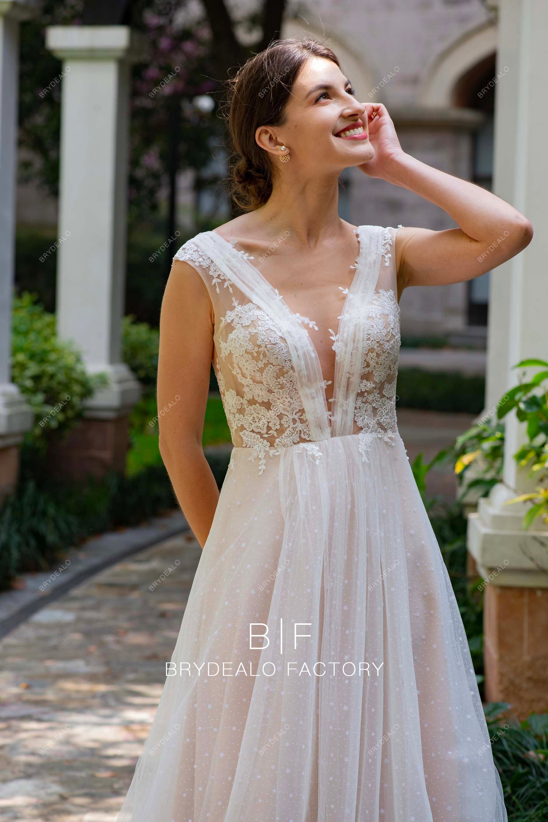illusion neck cap sleeve lace summer wedding dress