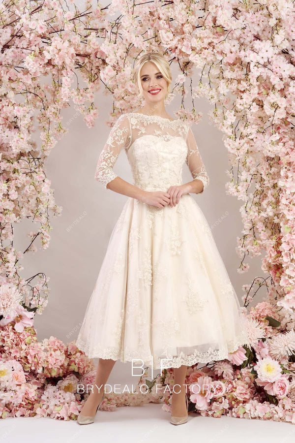 Illusion Lace Floor-length Dress with Half Sleeves Champagne