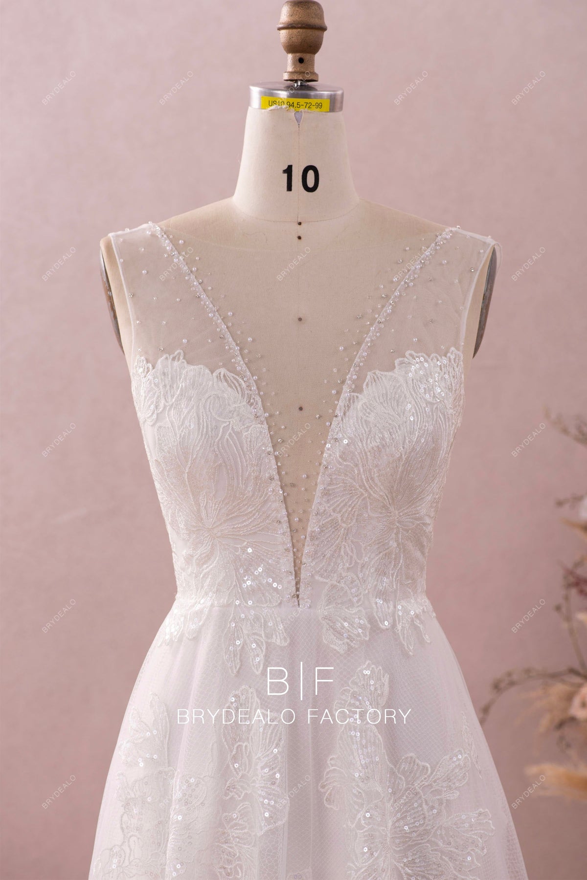A-Line Crystal Wedding Dress Deep V-Neck Floor-Length with Appliques Lace