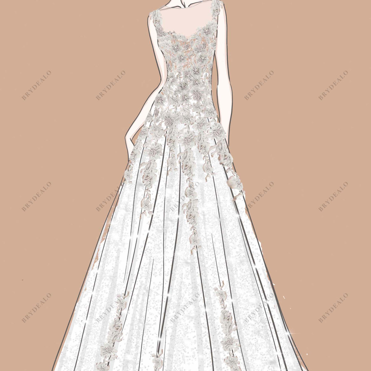 Illusion Neck Designer Lace Sleeveless A-line Bridal Dress Sketch Illusion Neck Designer Lace Sleeveless A-line Bridal Dress Sketch