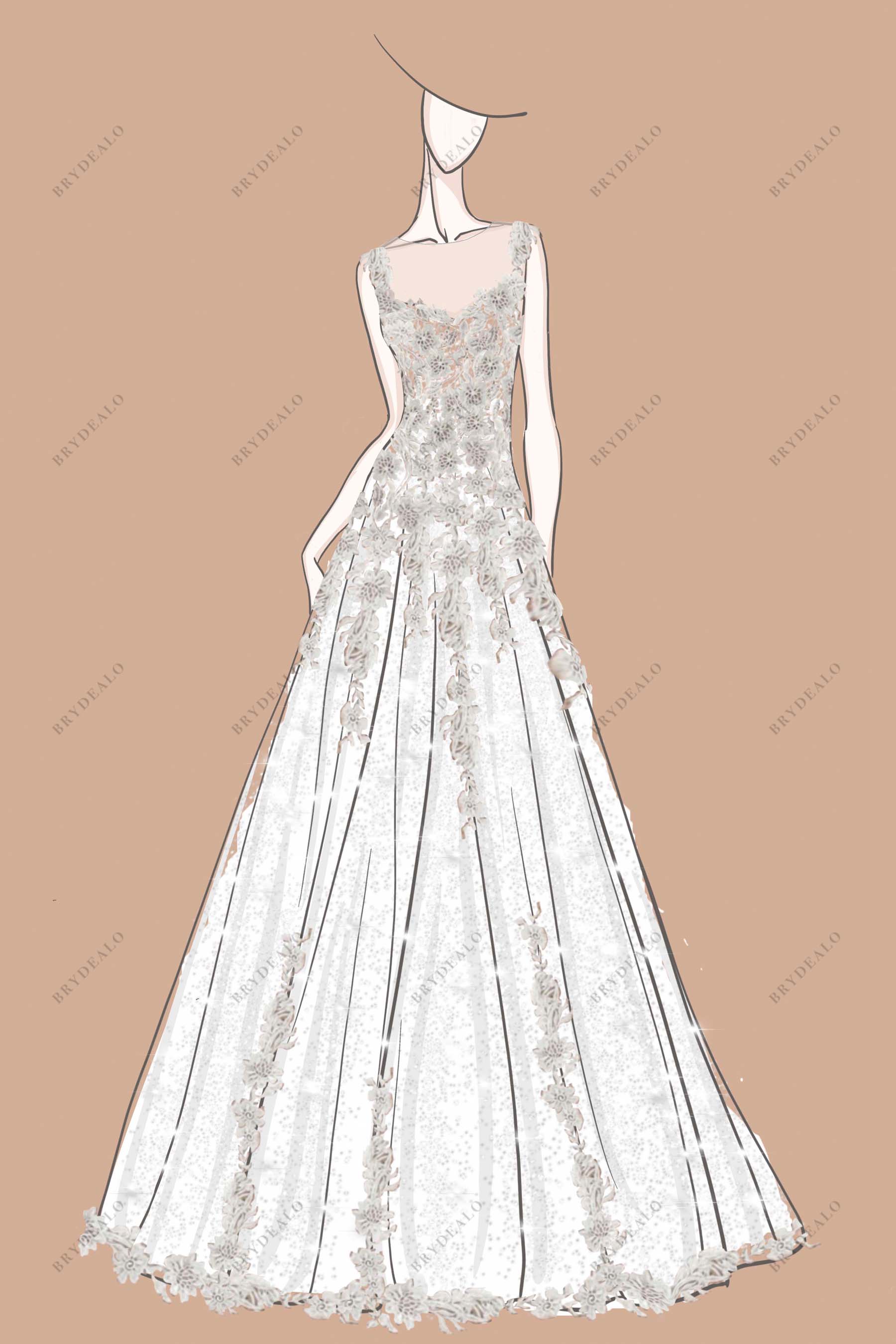 Illusion Neck Designer Lace Sleeveless A-line Bridal Dress Sketch