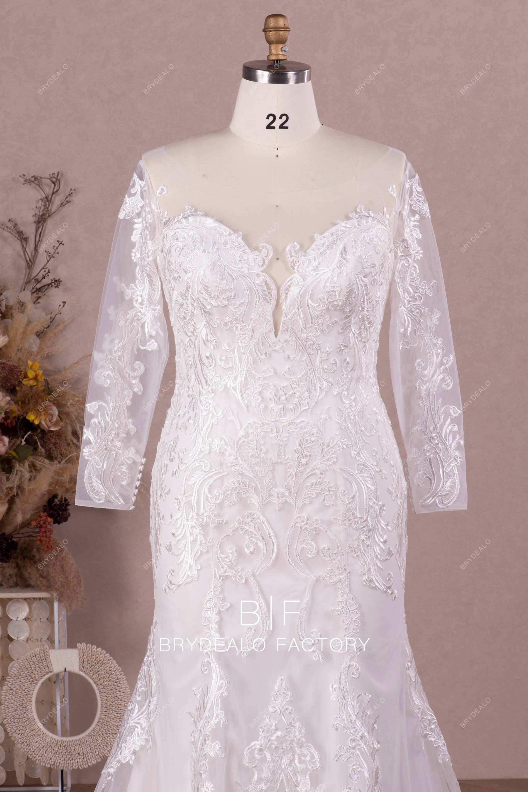 illusion neck lace designer long sleeve bridal gown