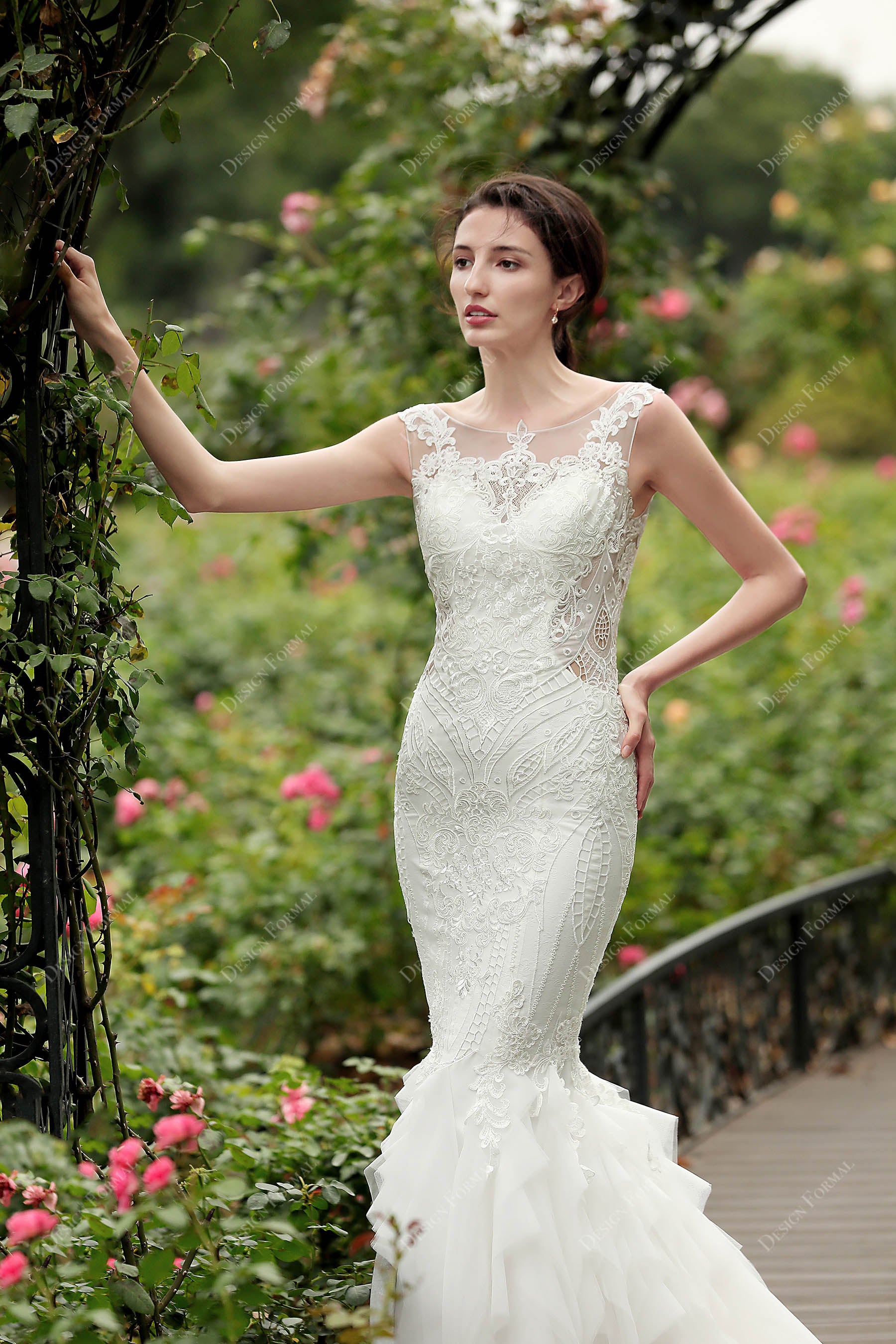 Illusion Neck Lace Tulle Ivory Dress