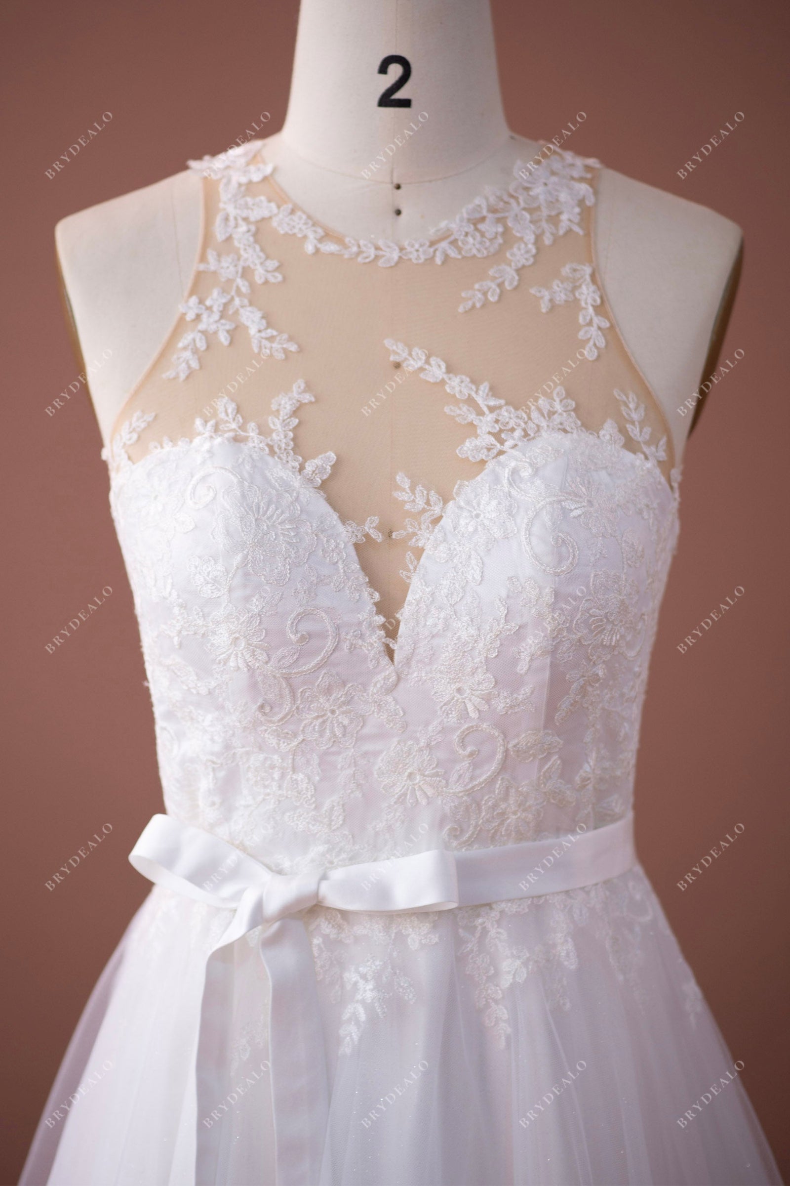 Illusion Neckline Lace and Tulle Long Dress Sky Blue