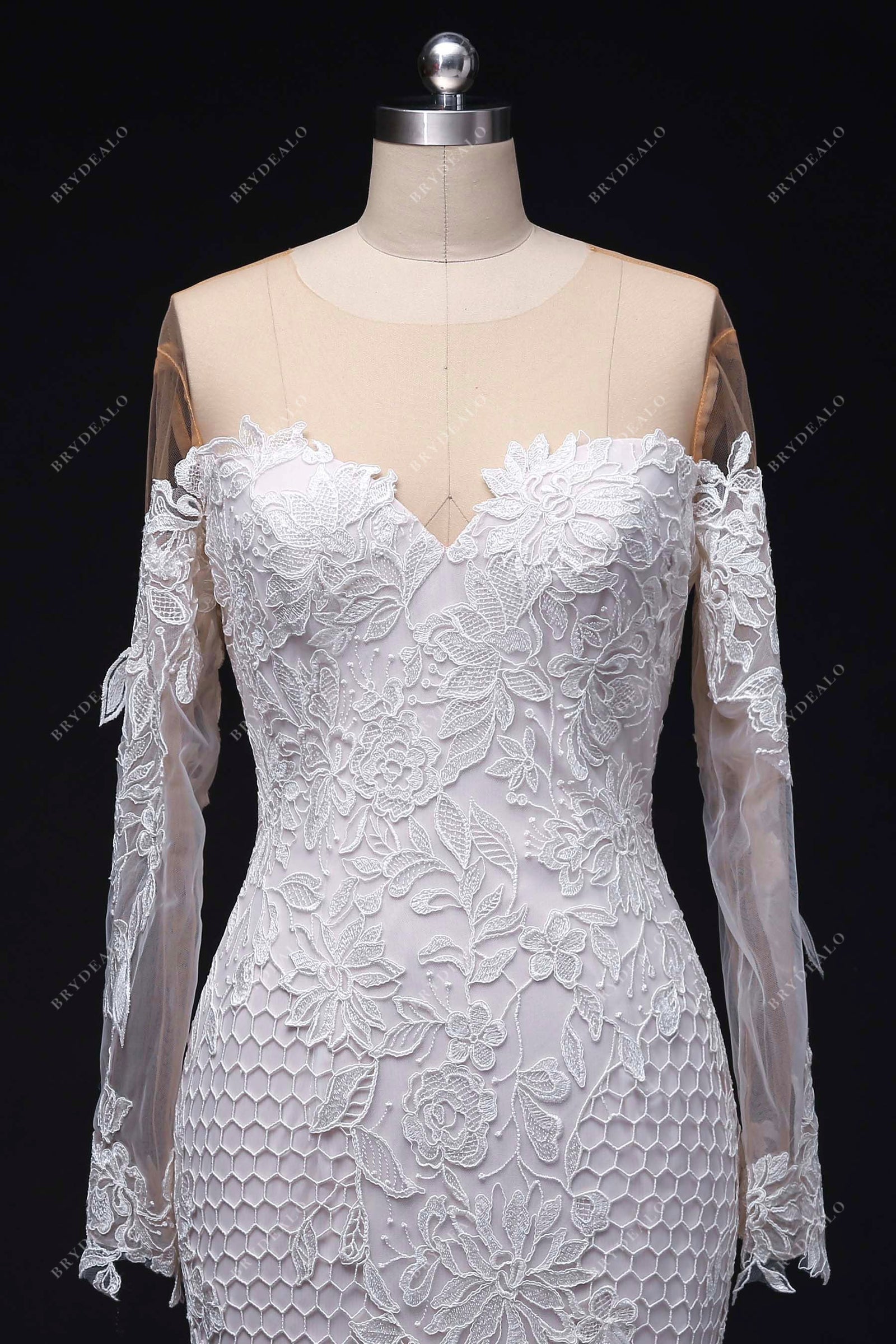 Designer Lace Illusion Off Shoulder A-line Beach Champagne Wedding Dress