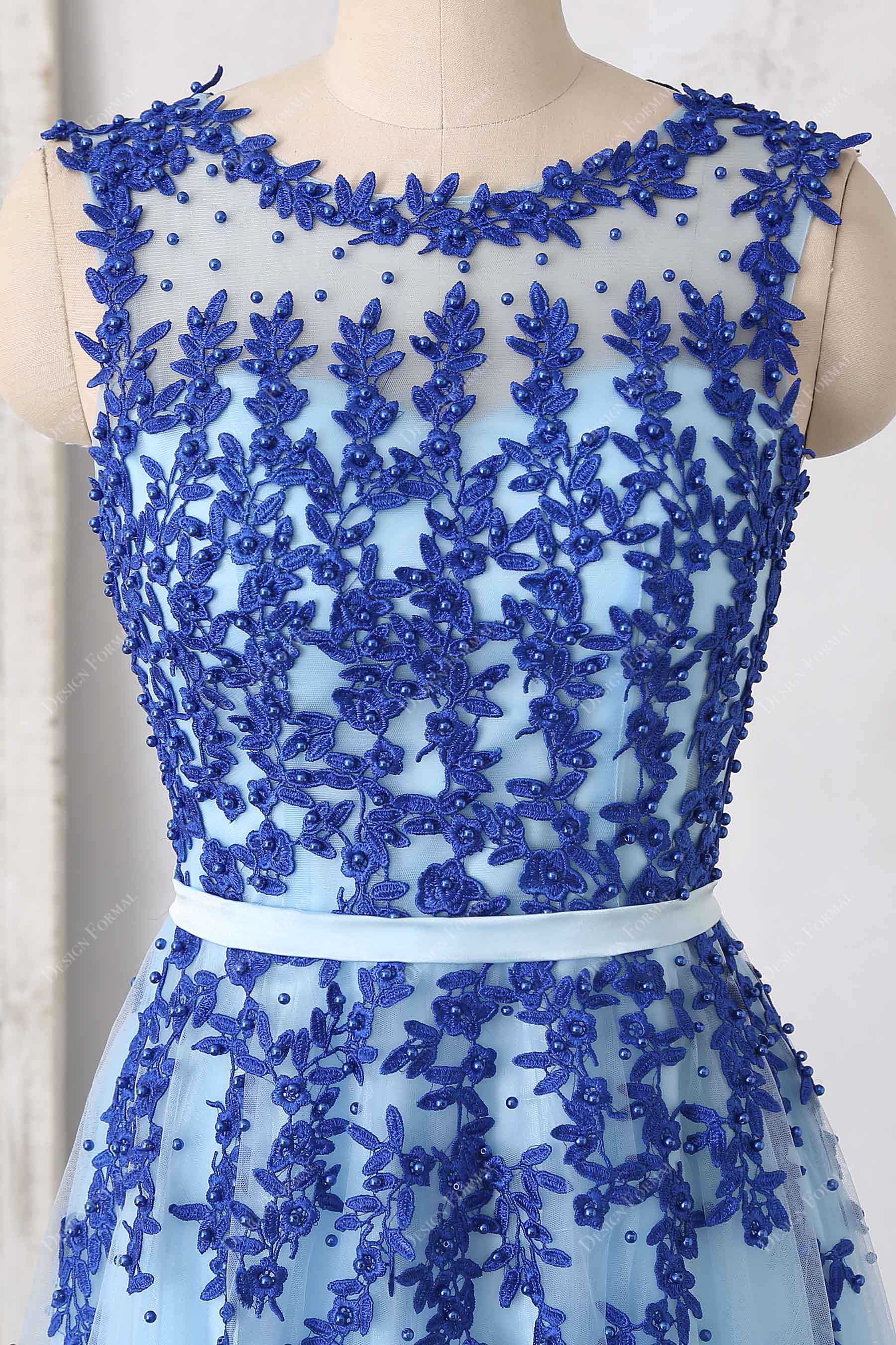 Illusion Neck Royal Blue Lace Prom Dress