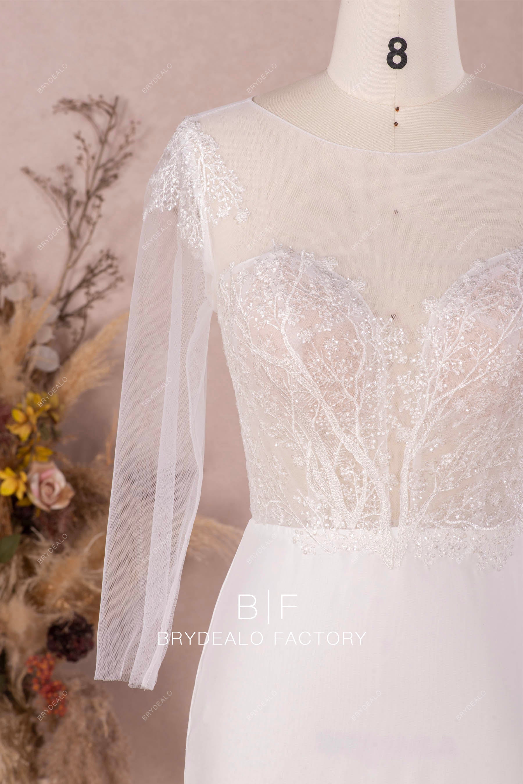 illusion neck designer sequined lace wedding dress