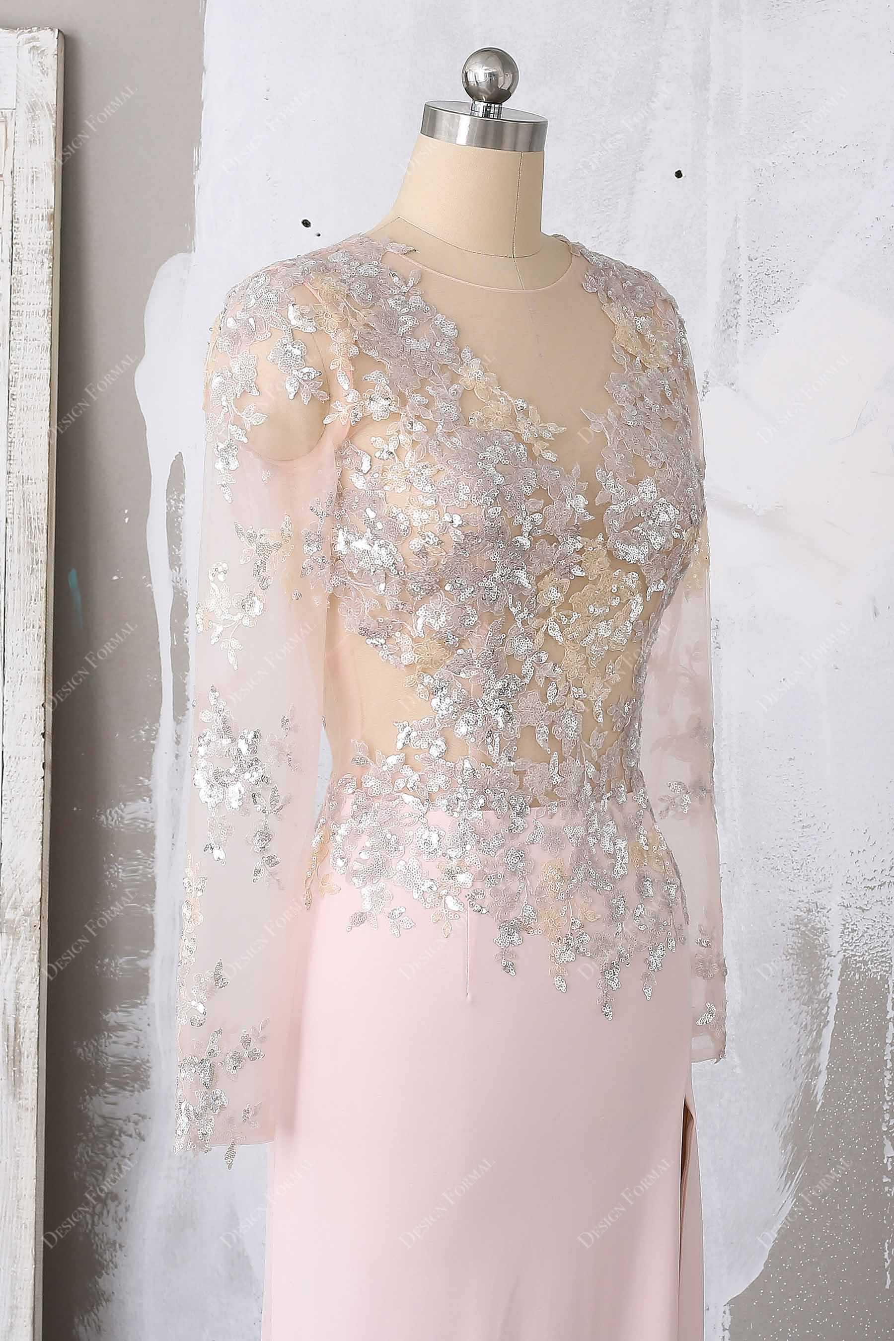 illusion neck sheer sleeved bodice sequined appliques