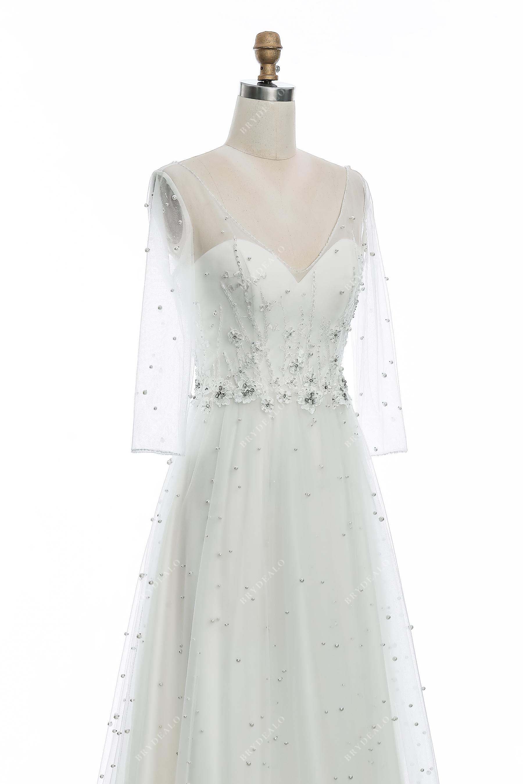 stylish illusion neck sheer sleeves bridal dress