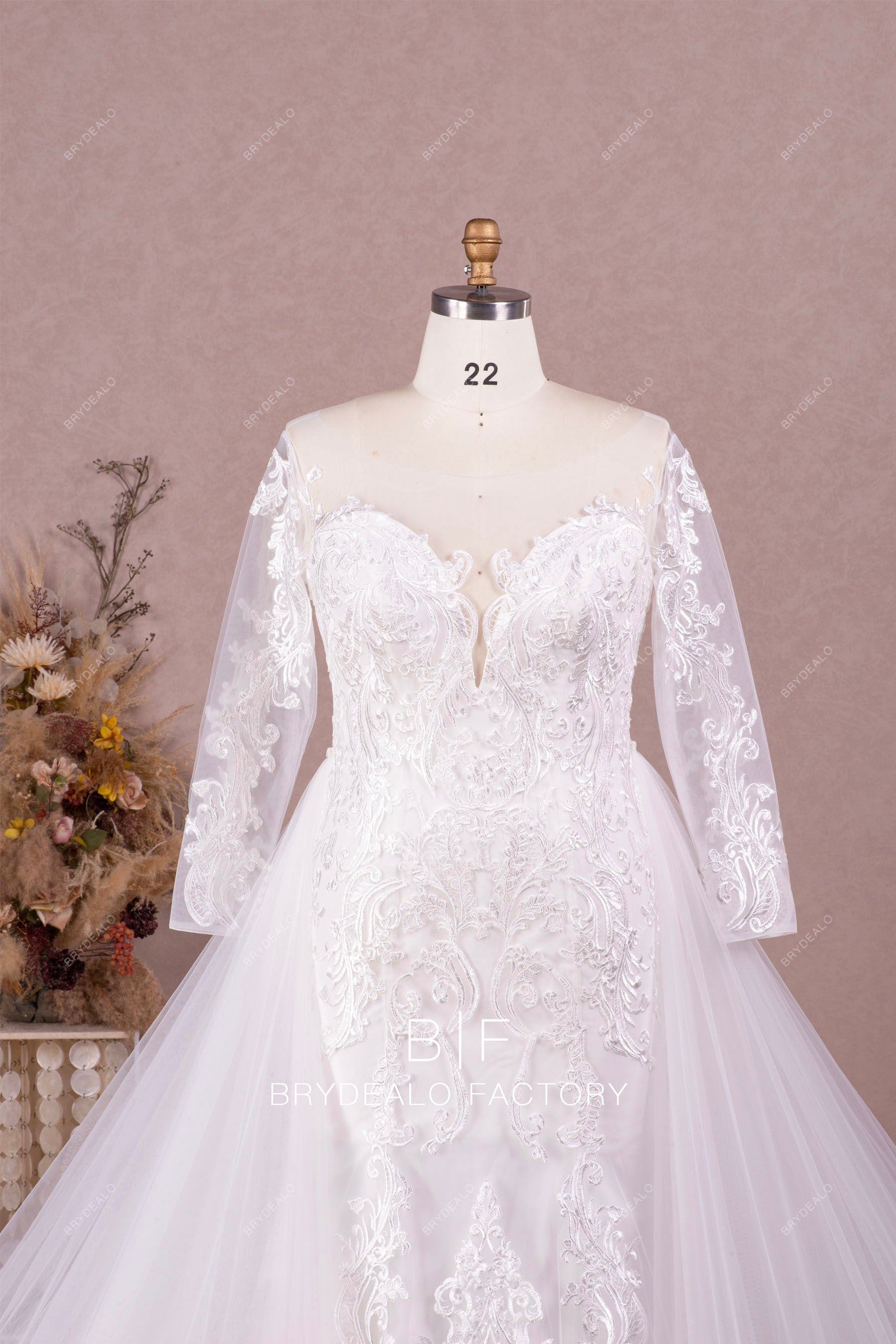 illusion neck long sleeved lace wedding dress