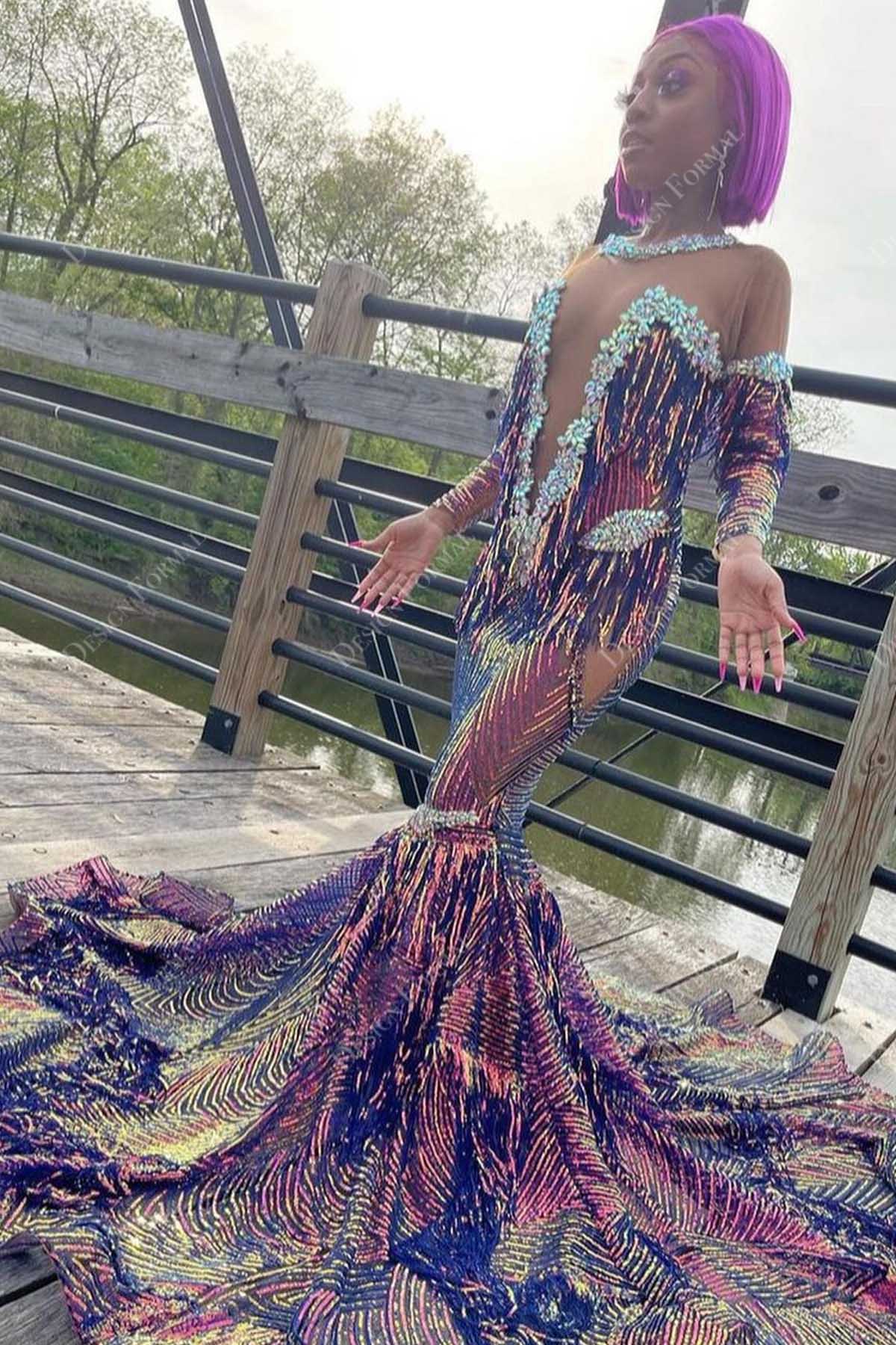illusion off-shoulder iridescent mermaid prom gown
