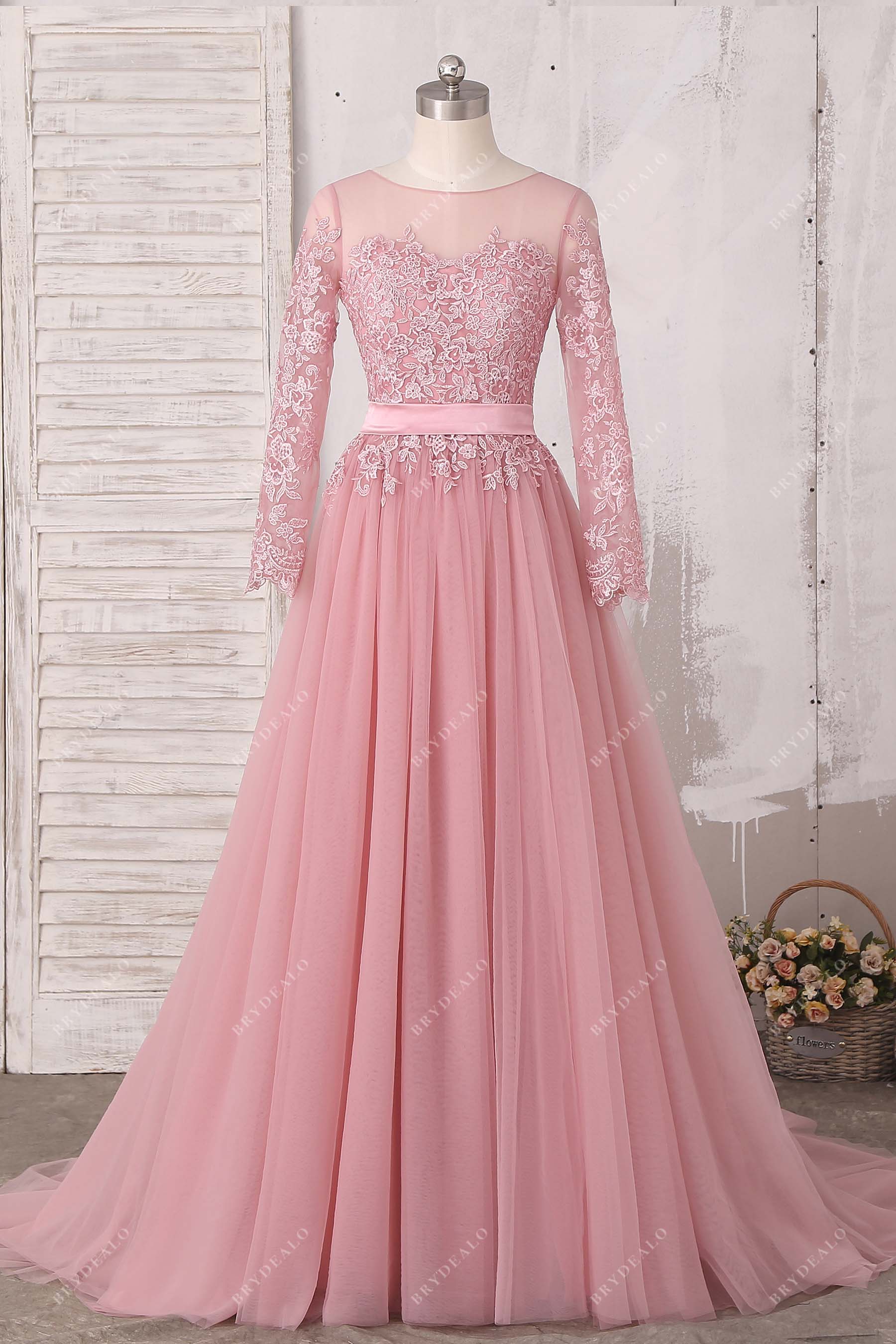 Beautiful Lace Dusty Pink Tulle A-line Illusion Wedding Dress