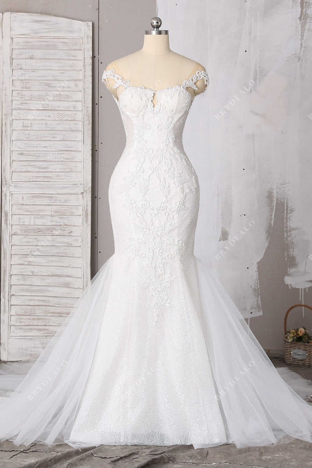Gorgeous Off Shoulder Trumpet Bridal Dress with Overskirt