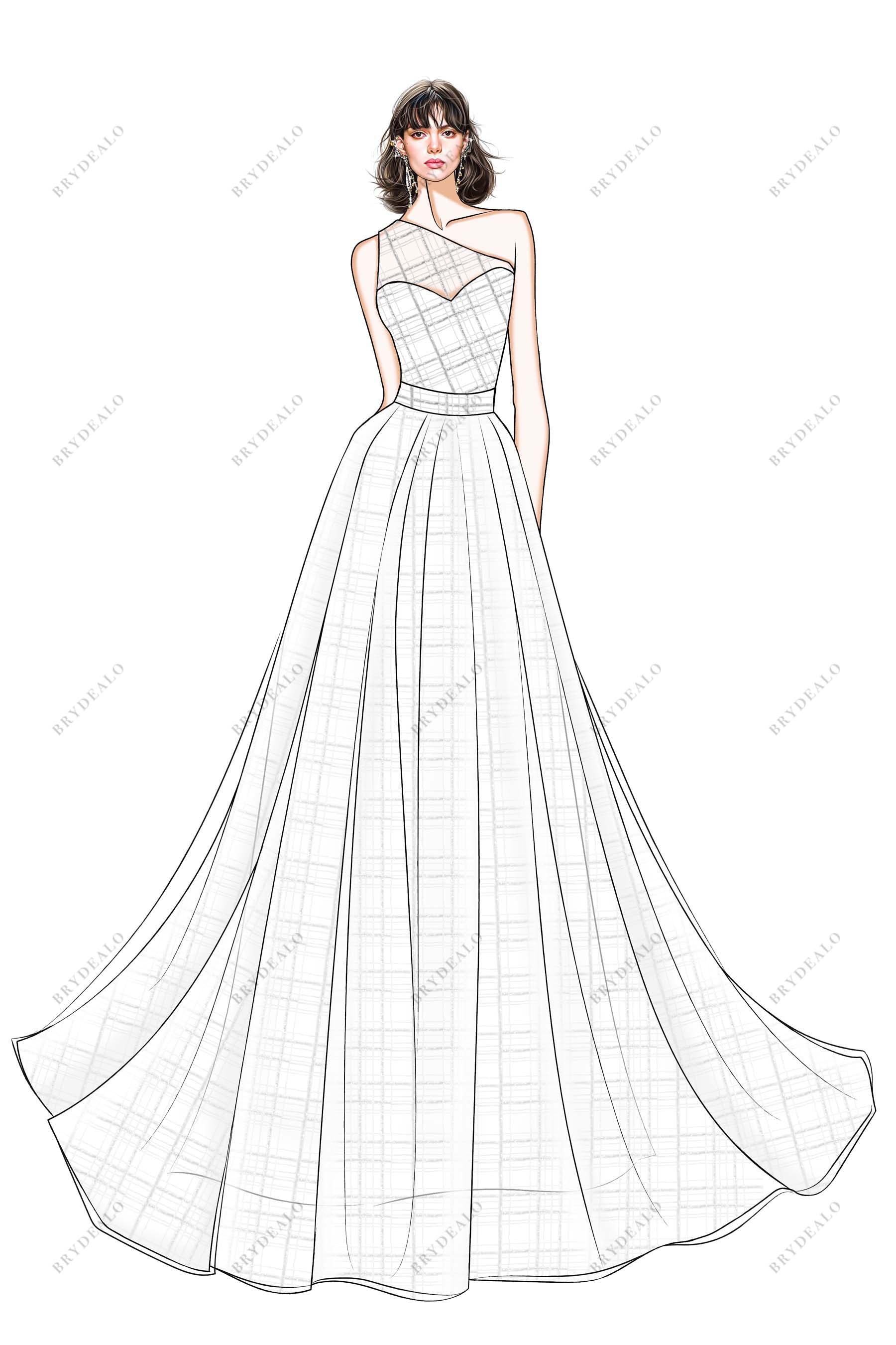 Illusion One Shoulder Sequined Custom-made Wedding Dress Sketch