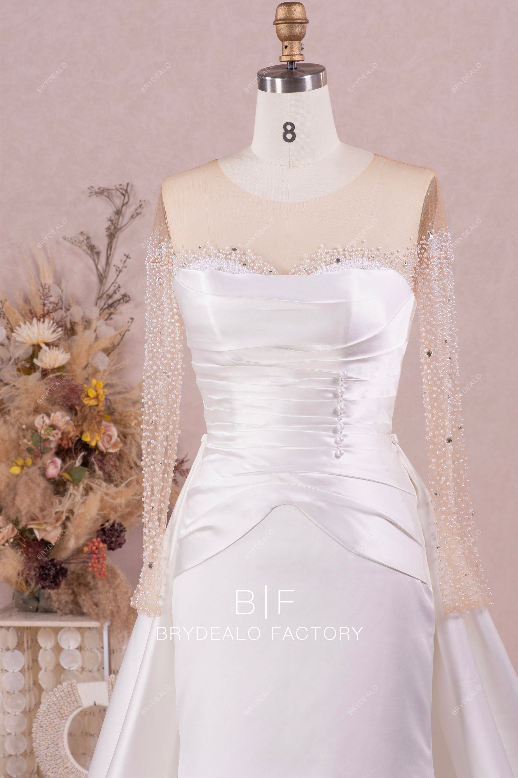 handmade pearls long sleeve pleated satin wedding dress